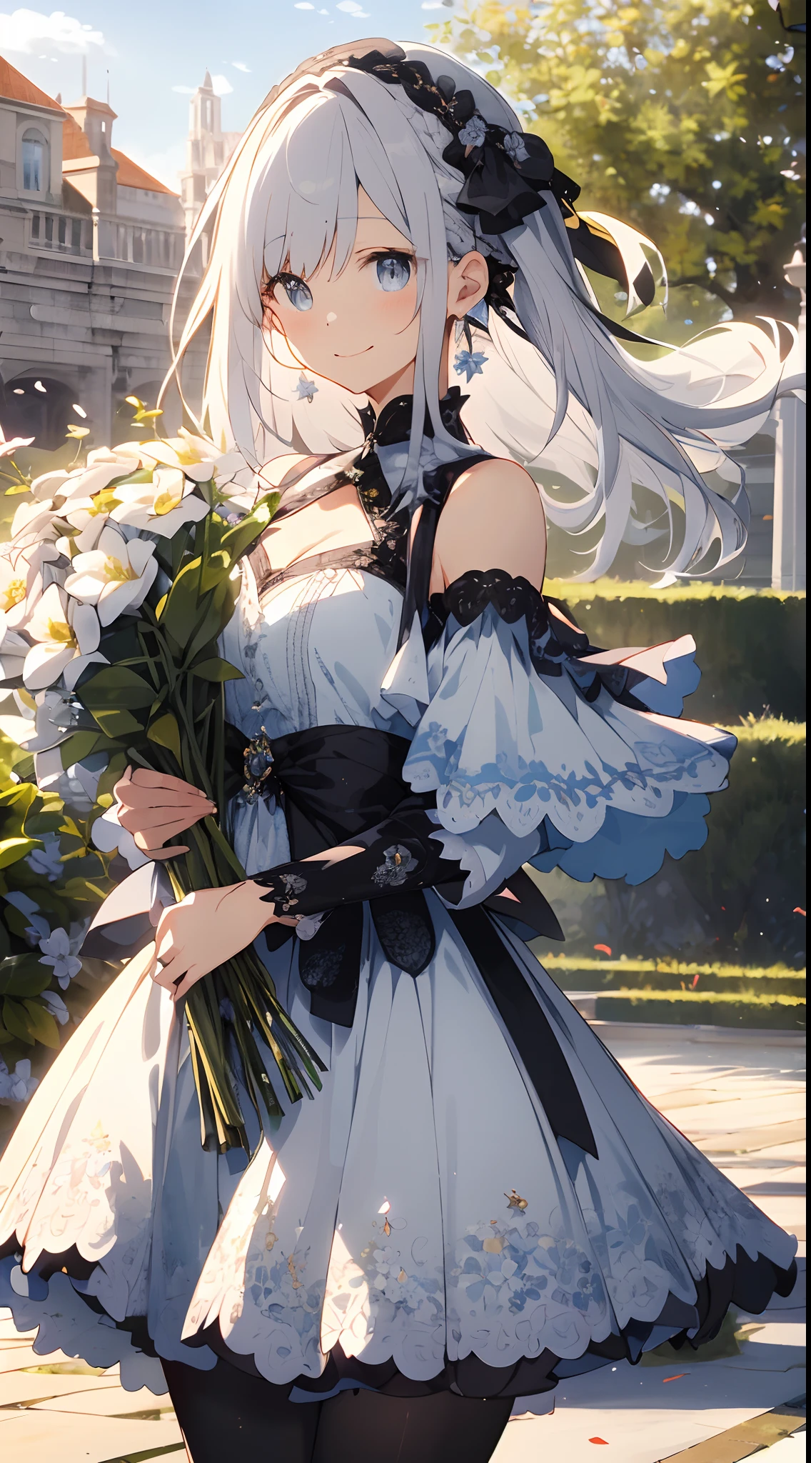 (tmasterpiece、top-quality、illustratio、Extremely high quality、high-level image quality、Extremely sensitive writing)White-haired girl standing in beautiful garden、A slight smile、She has a large bouquet、Cute national costume style dress，There are ruffles on the shoulders、Hair fluttering in the wind，(black pantyhose)