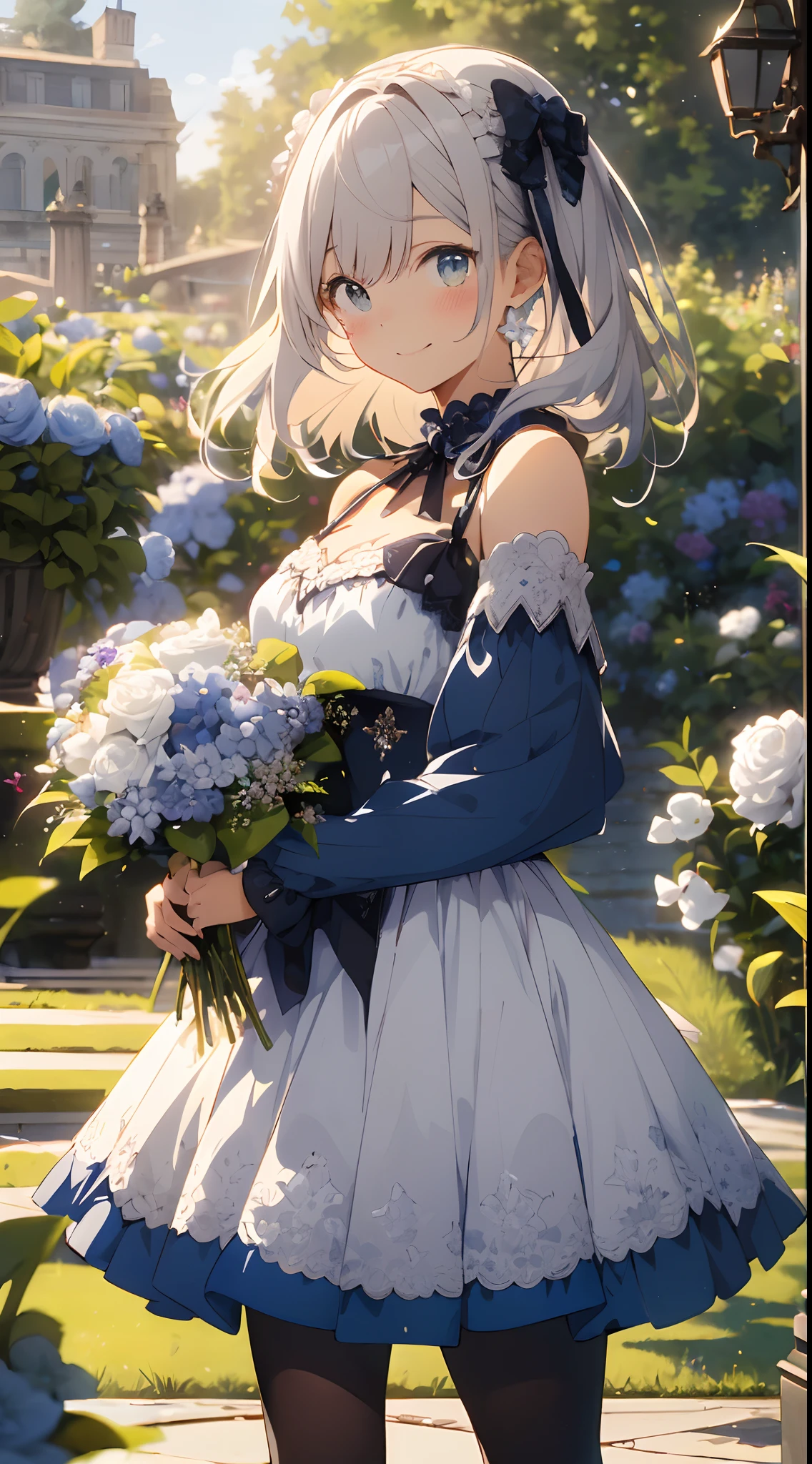 (tmasterpiece、top-quality、illustratio、Extremely high quality、high-level image quality、Extremely sensitive writing)White-haired girl standing in beautiful garden、A slight smile、She has a large bouquet、Cute national costume style dress，There are ruffles on the shoulders、Hair fluttering in the wind，(black pantyhose)