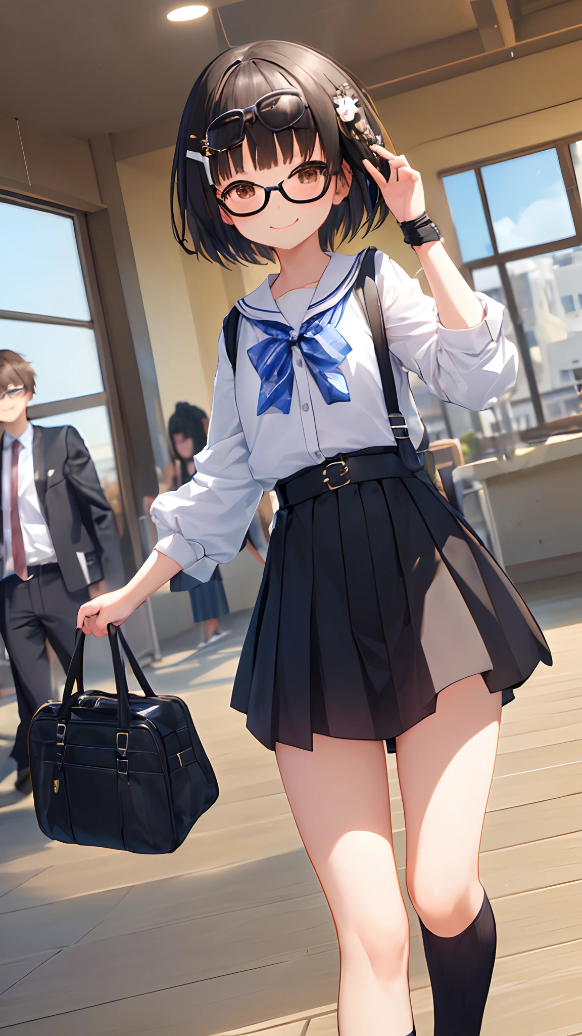 (masutepiece, Best Quality, Capture super cute moments, depth of fields, ultra-detailliert, Ultra High Resolution, C4D, Octadale, 3D Modeling, 8K, 16 K, one girls、a junior high school student、A dark-haired、short-hair、straight haired、Light brown eyes,hair adornments、wearing black glasses、A smile)、student clothes
