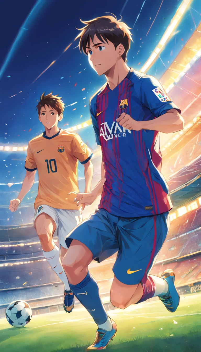 Lionel Messi , Neymar Jr , Cristiano Ronaldo , Anime style , footballer , (( Image without abnormalities )) , Standard Scenario , beste-Qualit , Best resolution , master-piece