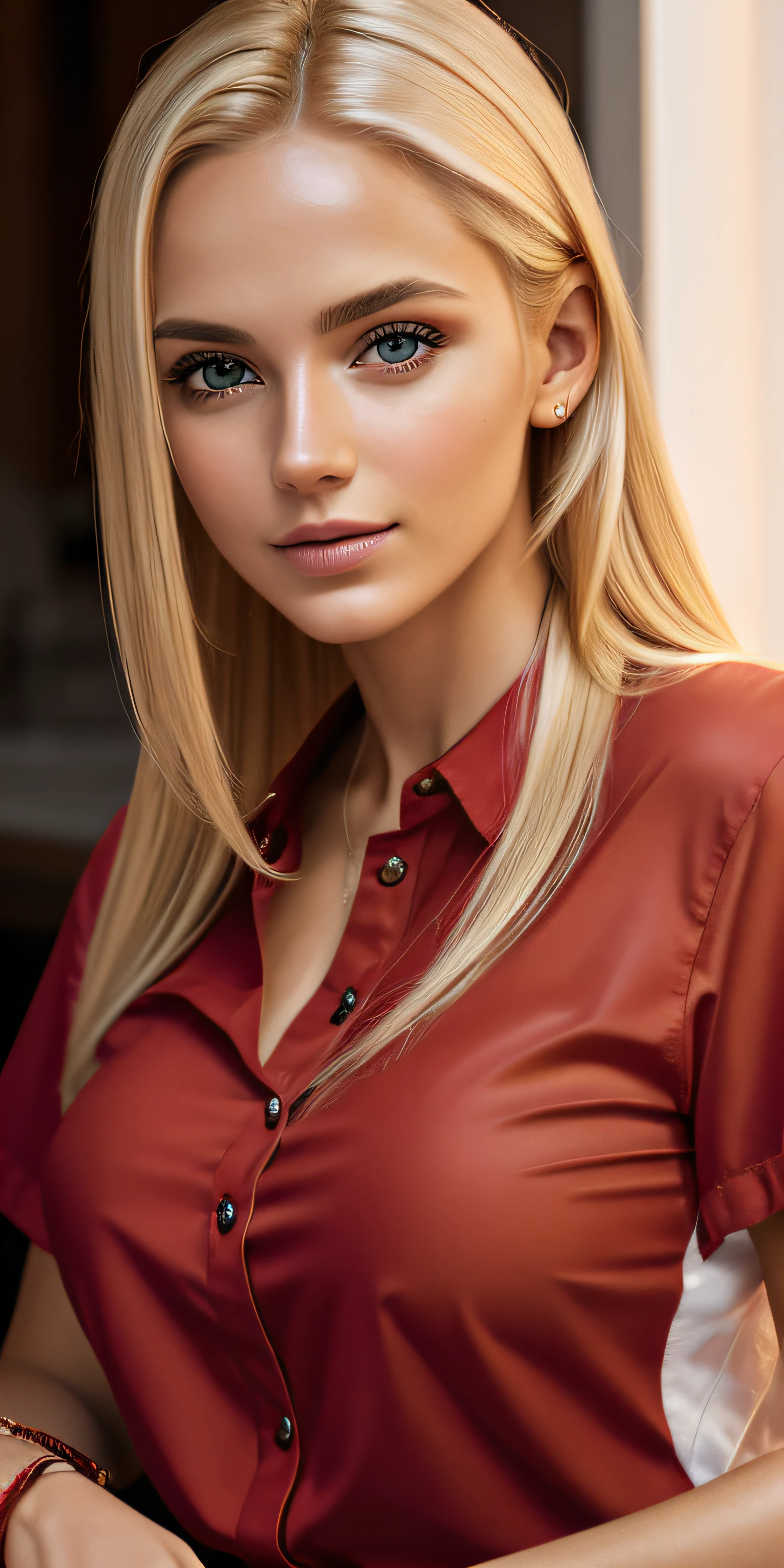 RAW photo, portrait of a beautiful blonde woman wearing a red shirt (high detailed skin:1.2), 8k uhd, dslr, soft lighting, high quality, film grain, Fujifilm XT3