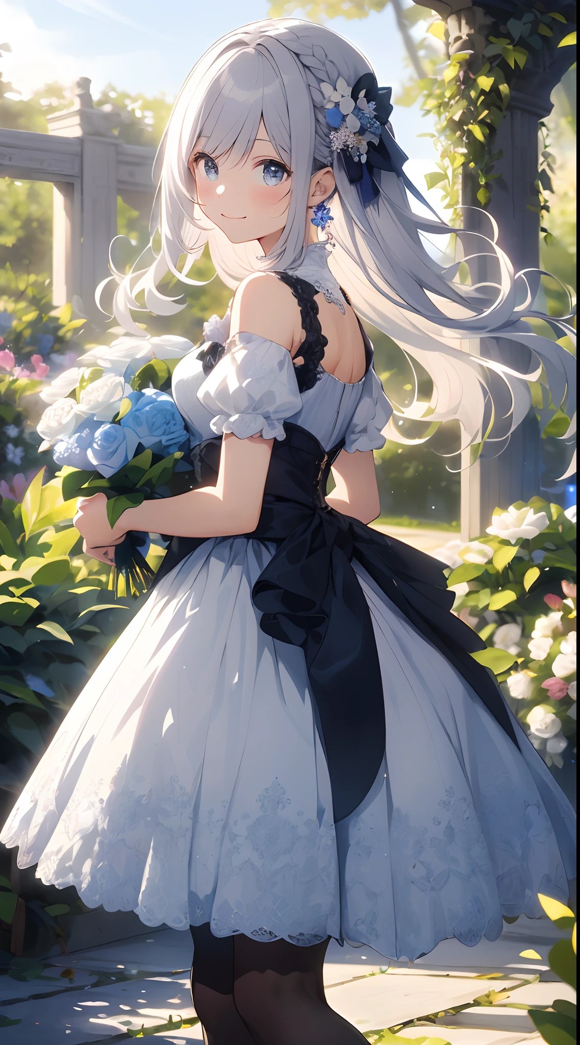 (tmasterpiece、top-quality、illustratio、Extremely high quality、high-level image quality、Extremely sensitive writing)White-haired girl standing in beautiful garden、A slight smile、She has a large bouquet、Cute national costume style dress，There are ruffles on the shoulders、Hair fluttering in the wind，(black pantyhose)