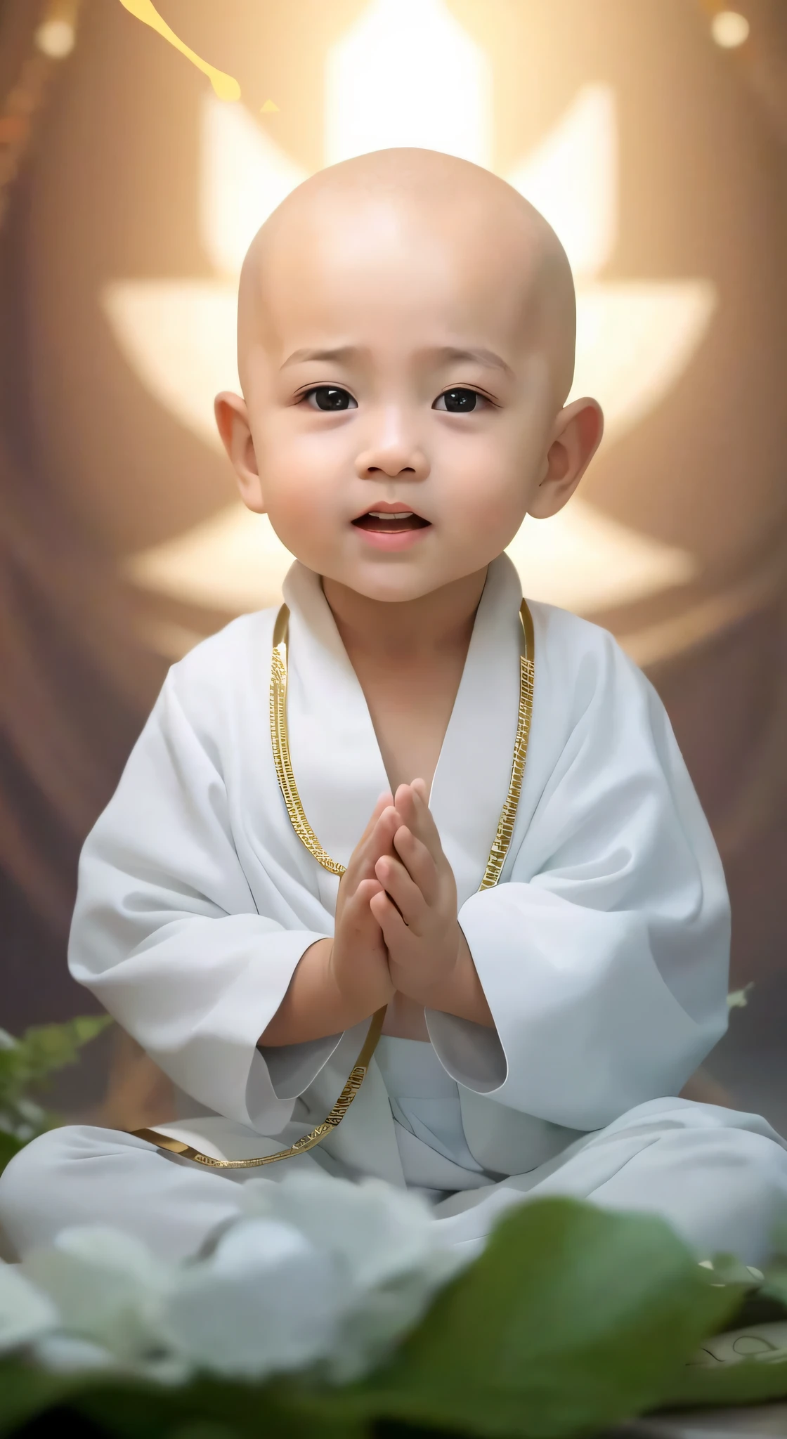 bald-headed，Baby in white robe sitting on bed，wearing a gold chain, a serene smile, lovely digital painting, Cute boy, little boy wearing nun outfit, Innocent smile, wearing white robes with, young wan angel, Sweet and innocent, yanjun cheng, Serene expression, blessing hand, peaceful expression, kiddy big breasts, wearing long white togas, young goddess