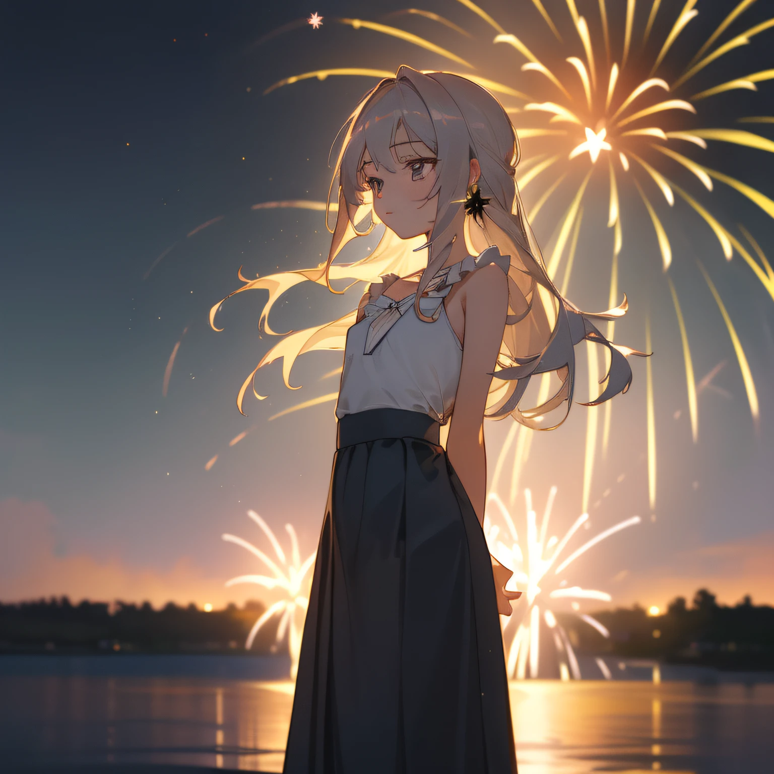 ((extremely detailed CG unity 8k wallpaper)),(masterpiece), (best quality), (ultra-detailed), (best illustration),(best shadow), (an extremely delicate and beautiful), ((((1girl)))), dynamic angle, floating, finely detail, (bloom), (shine), glinting stars, ((((best detailed fireworks)))), ((((depth of field)))), (((hanabi))), Beautiful detailed girl, (((backlight))), extremely delicate and beautiful girls, ((summer long skirt)), (((solo))), best detailed hair, ((beautiful detailed water)), night sky, (((small breast))), beautiful detailed sky, beautiful detailed eyes, (((arms behind back))), long hair, (((dynamic angle))), long skirt