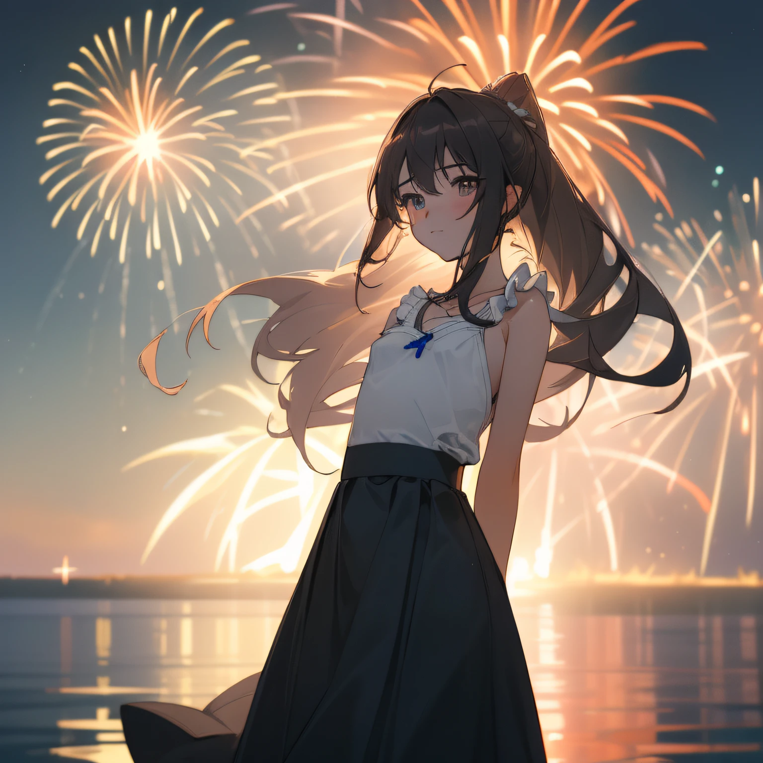 ((extremely detailed CG unity 8k wallpaper)),(masterpiece), (best quality), (ultra-detailed), (best illustration),(best shadow), (an extremely delicate and beautiful), ((((1girl)))), dynamic angle, floating, finely detail, (bloom), (shine), glinting stars, ((((best detailed fireworks)))), ((((depth of field)))), (((hanabi))), Beautiful detailed girl, (((backlight))), extremely delicate and beautiful girls, ((summer long skirt)), (((solo))), best detailed hair, ((beautiful detailed water)), night sky, (((small breast))), beautiful detailed sky, beautiful detailed eyes, (((arms behind back))), long hair, (((dynamic angle))), long skirt