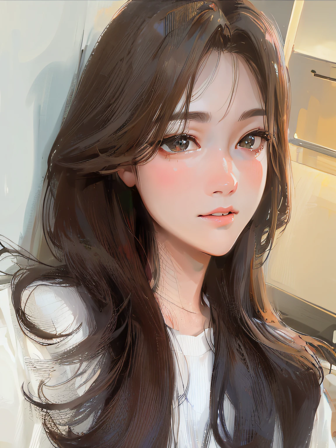 a close up of a woman with long hair wearing a white shirt, tzuyu from twice, ulzzangs, young cute wan asian face, Asian girl with long hair, Gorgeous young Korean woman, young lovely Korean faces, with cute - fine - face, wan adorable korean face, 8k selfie photograph, xintong chen, Brown hair long,By bangs