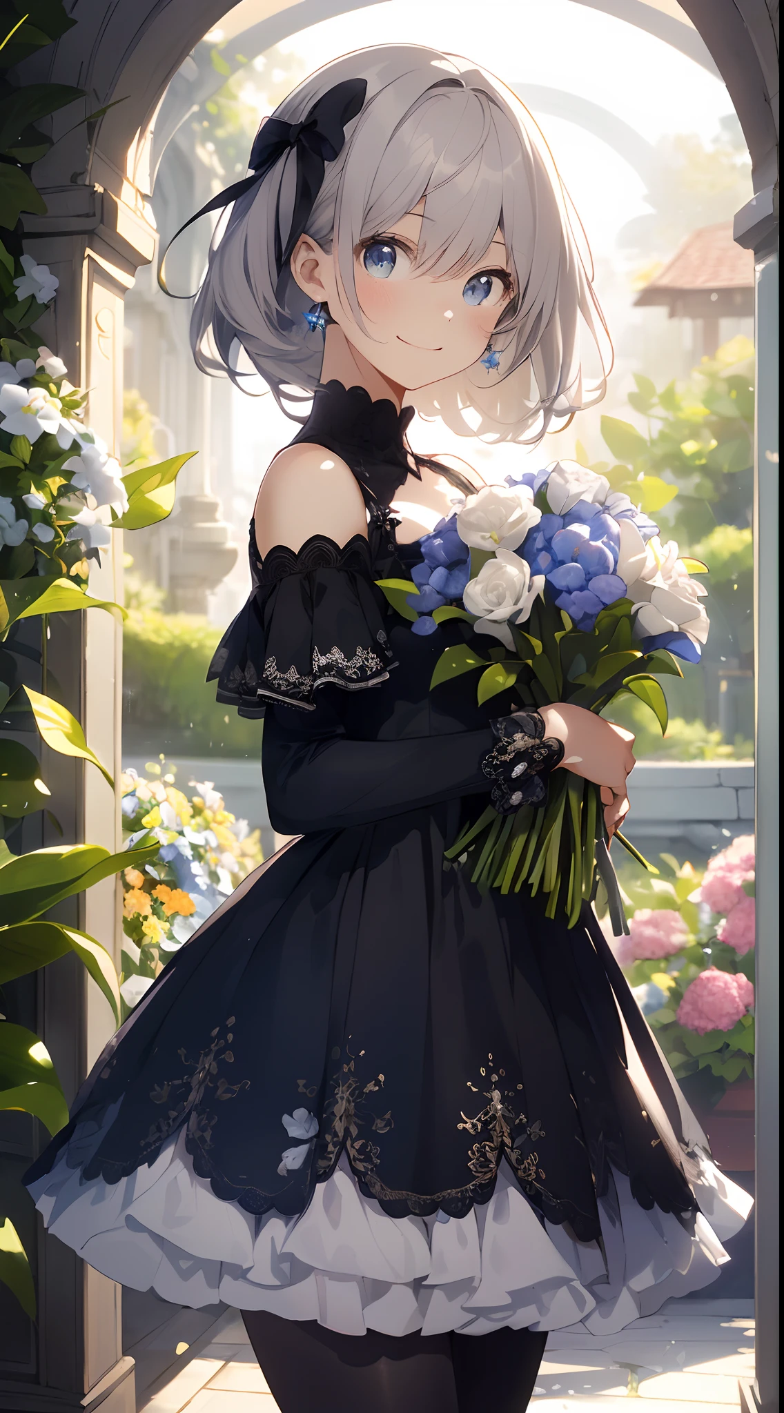 (tmasterpiece、top-quality、illustratio、Extremely high quality、high-level image quality、Extremely sensitive writing)White-haired girl standing in beautiful garden、A slight smile、She has a large bouquet、Cute national costume style dress，There are ruffles on the shoulders、Hair fluttering in the wind，(black pantyhose)