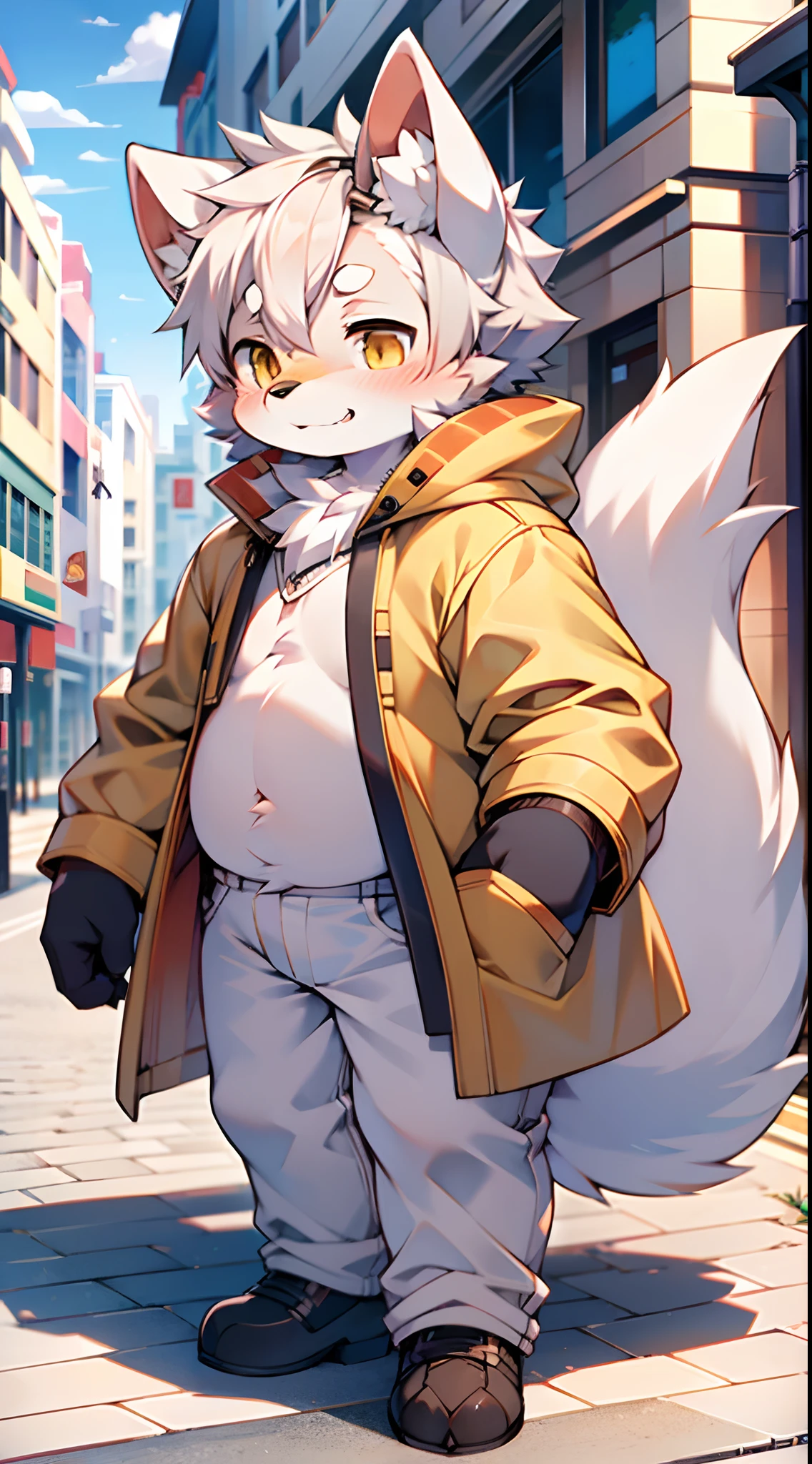 shaggy，grey fur，male people，canid，arctic fox，solo person，sharp talons，Detailed fur，Golden eyes，Thick eyebrows，Fluffy tail，Chubby body，Yellow trench coat，white jean，ultra - detailed：1.0，On the street，detailedbackground，Libido boy，toddlers，（Via Dagasi：1.1），anatomy correct