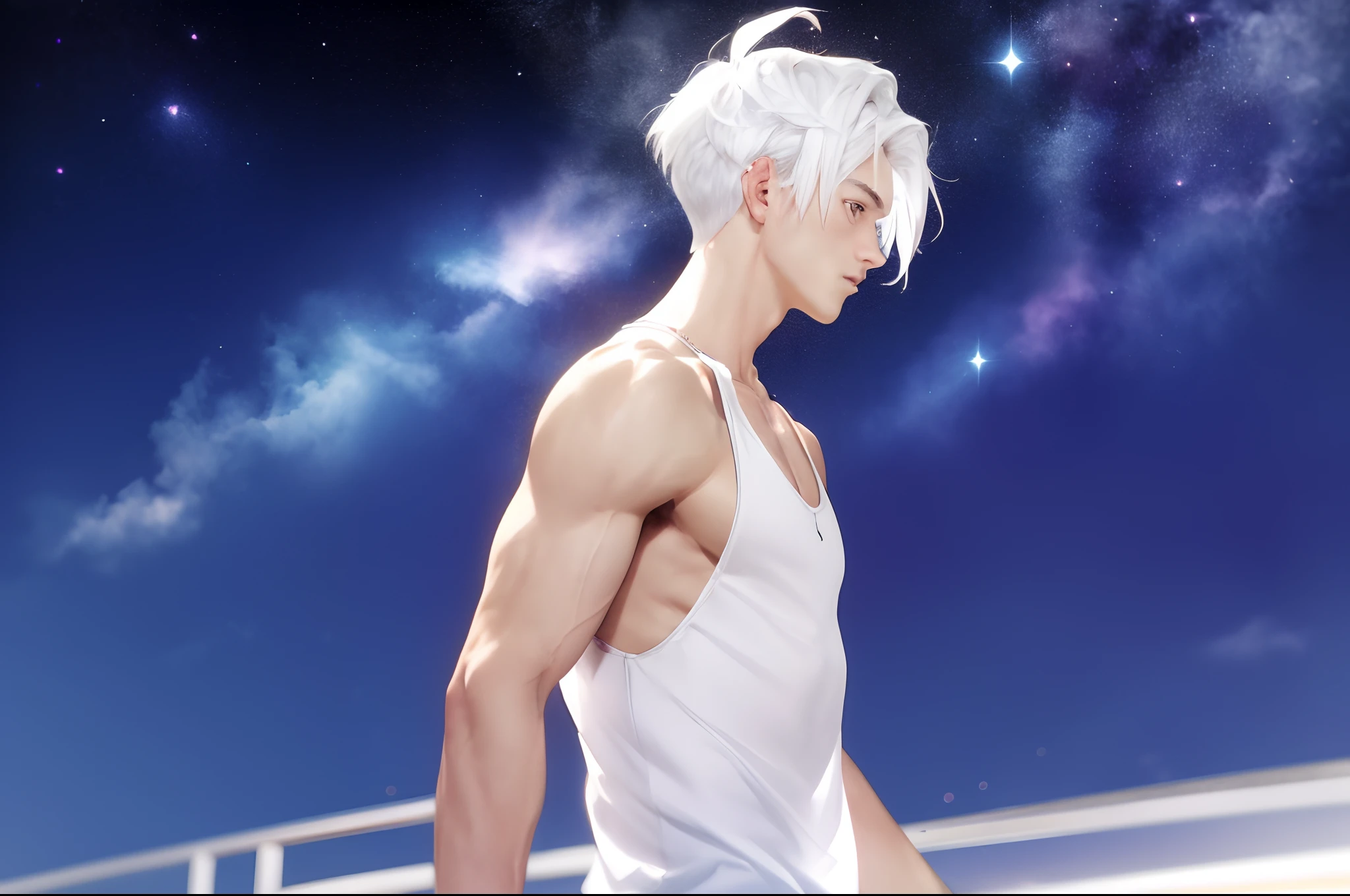 Handsome man , with very short hair , short trendy hair style , he has white hair , blue eyes , lean body type , toned and muscular
