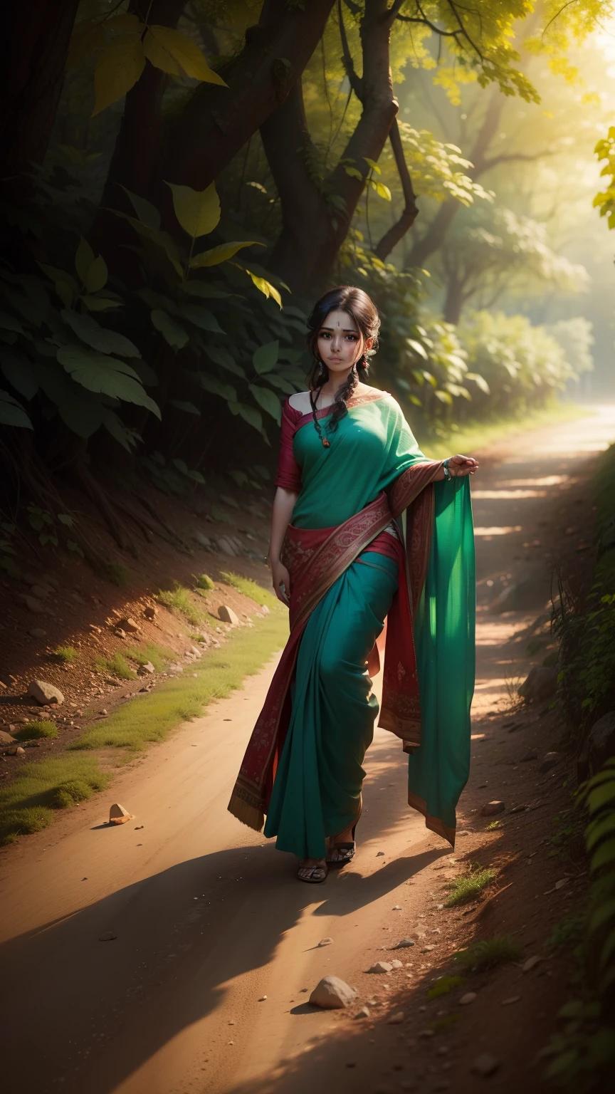 Girl in a beautiful nature, simple, sari, pretty, 4k realistic face