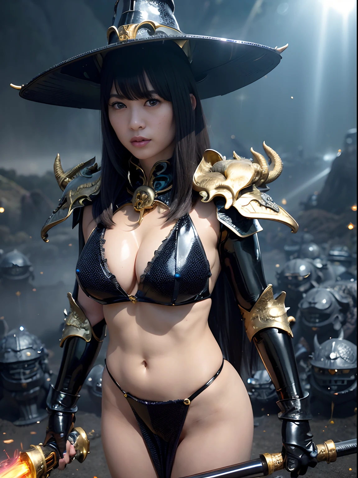((World of Darkness)),Professional , masterpiece、top-quality、photos realistic , depth of fields 、(((With a magic wand of gems))),(Dragon Black Metal Body:1.9),(latex black-blue、(cleavage of the breast)、Dragon Gold Weapon、(((Particles of light))),(Micro Bikini Armor:1.7),Gorgeous gold weapons ,(Fight dragons)、Seductive look、,Blood on the face,Blood Rain,Blood fog、(blood splattere、((((With a shining magic wand))), ) , (((Wearing a black latex wizard hat))),(demonic wings) ,((a blond))、(Castle background)、((Gangle's forest background))、Beautiful Caucasian beauty、1a person、dynamic ungle,(((Detailed and ornate dragon wizard hat)))、Smaller head、A smile、Castle background、Thin and beautiful female hands、cleavage of the breast、Soldier in iron armor on background、Mystical expression、Light Effects、intense fighting、Wind-effect、magic circles、With the legendary magic wand、Dragon's tail、explosions、Toostock、Toostock、