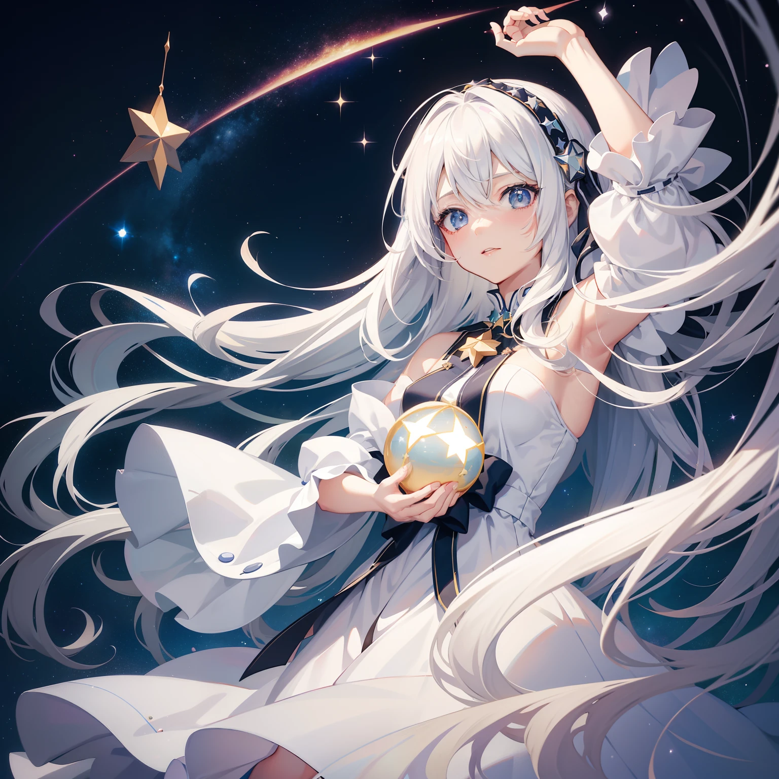 One with white hair，Woman with a star in her hand, nightcore, anime moe art style, vocaloid, anime girl with cosmic hair, style of anime4 K, Star(sky) Starry_sky, High Quality Anime Art Style, cute anime waifu in a nice dress, star child, anime backgrounds, star rain, anime style like fate/stay night