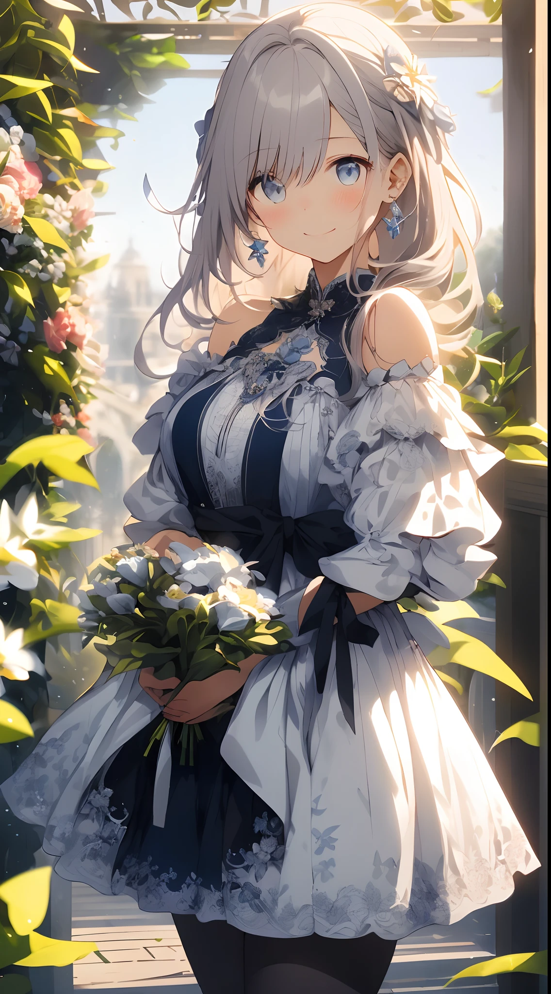 (tmasterpiece、top-quality、illustratio、Extremely high quality、high-level image quality、Extremely sensitive writing)White-haired girl standing in beautiful garden、A slight smile、She has a large bouquet、Cute national costume style dress，There are ruffles on the shoulders、Hair fluttering in the wind，(black pantyhose)