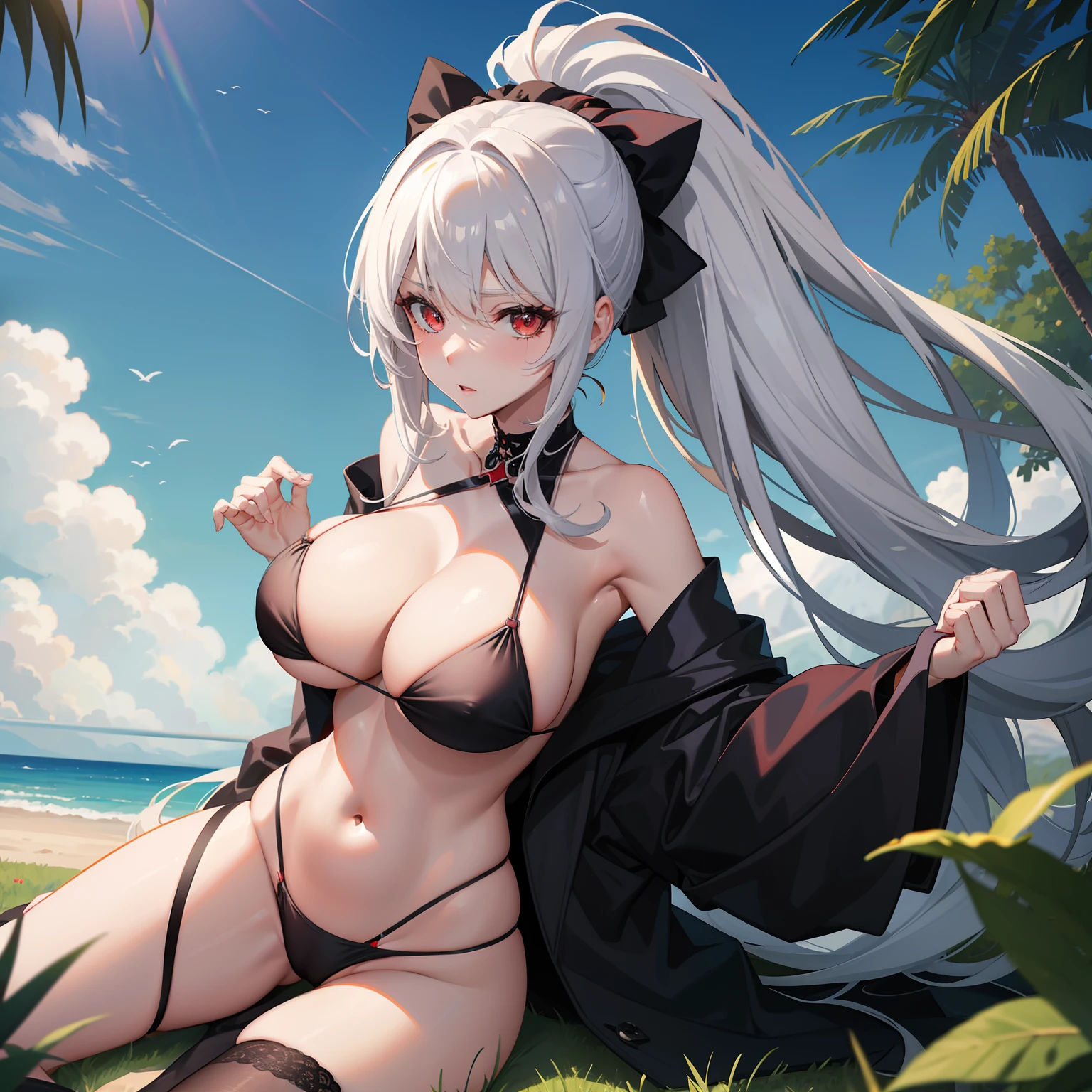 cabelos preto e longos,red color eyes,Girl in black bikini,fluffy chest,,Hair is scattered。Issuing,Long thin ponytail,huge tit,white stockings,Seductive action,Loving pupils,Astringent expression,lying on the grass ground