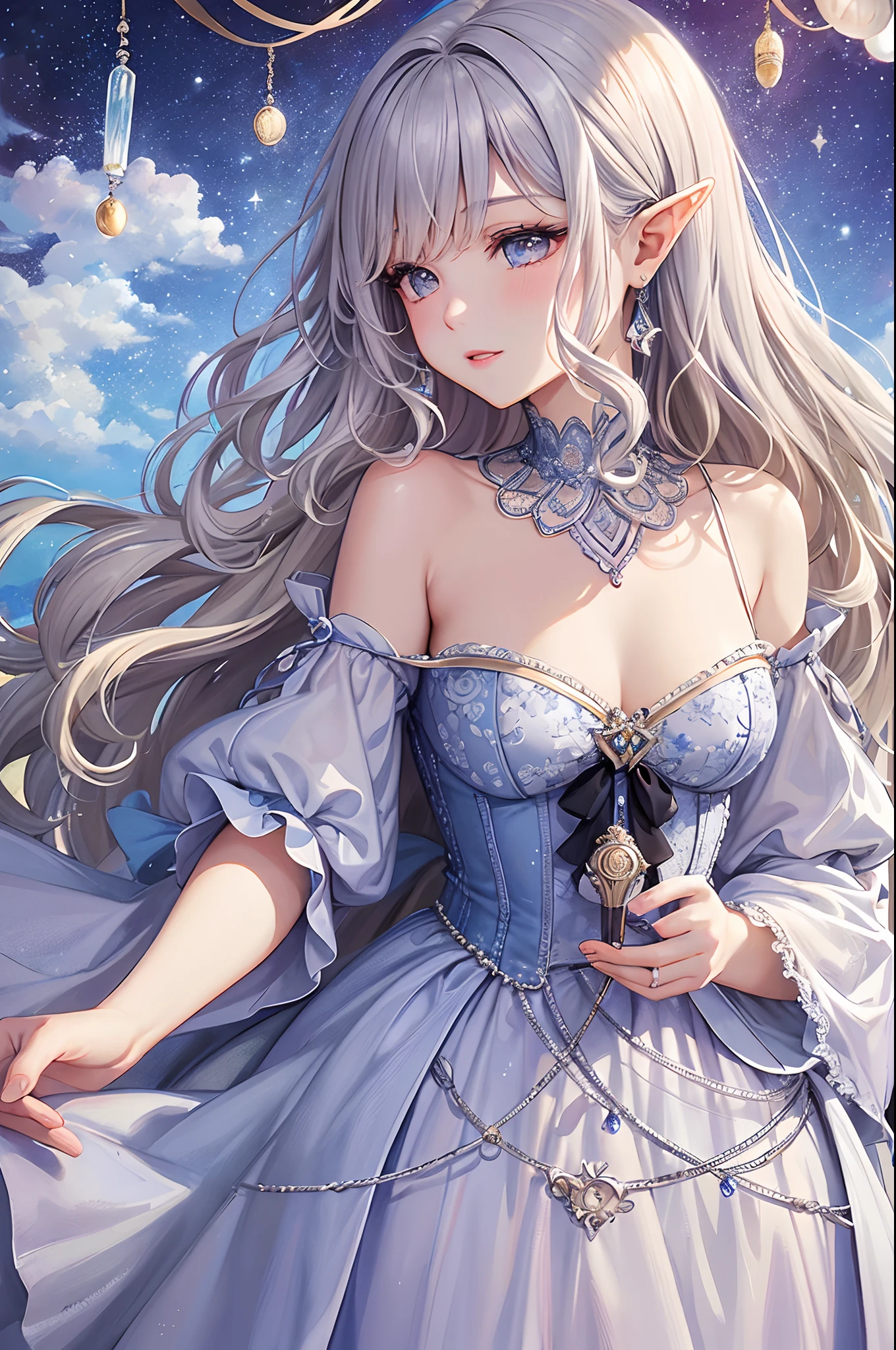 Princess, princess dress, purple dress, puffy sleeves, breasts, tan skin, crown, long hair, silver hair, blue eyes, teasing, diamonds, jewelry, earings, masterpiece, water, wet, 1girl, solo