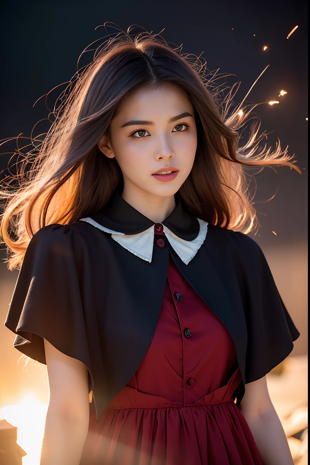 RAW photo, full sharp, (Full HD epic wallpaper) 8K UHD, Digital SLR, Soft lighting, High quality, filmgrain, Fujifilm XT3, hiqcgbody, (1人, Kizi:1.2),the night,Focus above the thighs, Broken glass effect, Vivid yellow flame, Ethereal sparks, vulnerable, Red eyes, (Long gray hair),Wind,Fluttering head, buzz cut, Style - Gravity magic, Looking down, Solo, , Detailed background, Detailed face, Pale complexion,((Gorgeous ta costume)), Black cloak, Cape, Hood, malicious expression, The scarlet symbol rotates in the air,(Floating fire particles, particle fx), Skylight color scheme, ( Huge red explosion flames), the are In the background, Surrounded by a crimson mist, Sunset, symetrical composition, Epic atmosphere,(Smoky),