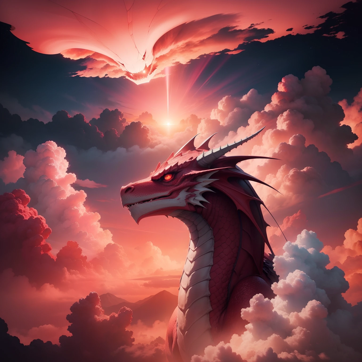 A furious dragon head in the sky , astatic scene, reddish pink color cloud