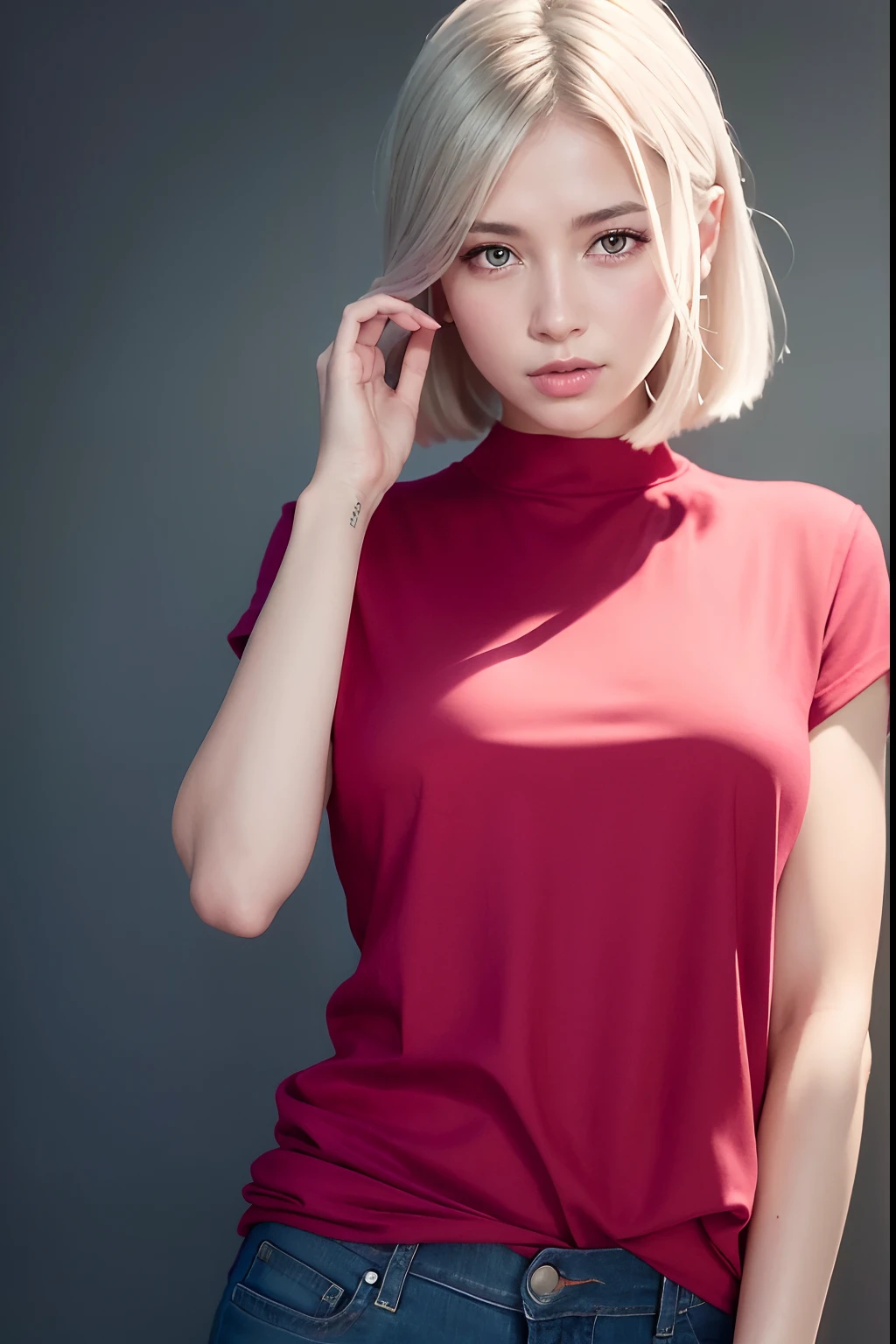 1 girl, Beautiful vintage color, watching viewer (Bright flashy red t-shirt (plain color), instagram (Photorealistic, High Resolution: 1.4), ((swollen eyes)), full - body (8K, RAW photo, Best Quality, Masterpiece: 1.2), (Realistic, Photorealistic): 1.37), (soft focus: 1.2), Professional lighting, Photon mapping, radiosity, physically based rendering, (White Skin Skin: 1.2), (Small: 1.2), viewer's gaze, (Medium Hair: 1.5), Portrait, Purple eye, (Silver hair: 1.1), Bangs, (Simple background: 1.4), 独奏, upper-body, Realistic, (Masterpiece: 1.4), (Best Quality: 1.4), (glossy skin), fashionable woman, makeup, Smile (Skinny, mouth closed, Shy: 1.3), (Standing, plain flashy red t-shirt and jeans, A Necromancer: 1.1), Medium bust, Front pillar, Hands folded behind his back, White wall background, No need for a picture on a t-shirt,