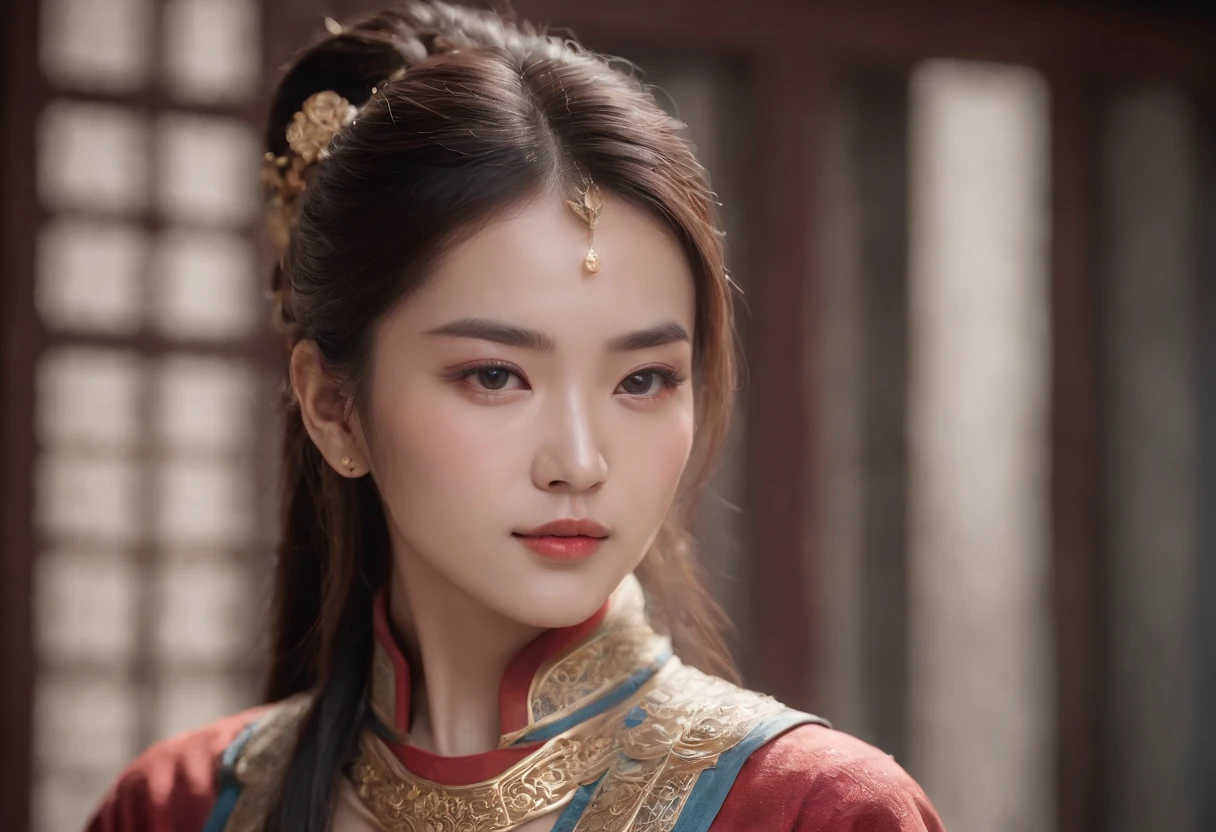 Feng Shen List，tmasterpiece，ultra fine photos，，best qualtiy，超高分辨率，Photoreality，Chiaroscuro，（full-body portraits），stunningly beautiful，dynamicposes，delicated face，Bigchest，Murderous eyes，（seen from the side），She wears ancient Chinese armor，very highly detailed background，detailed face with，Detailed and complex busy background，untidy，opulent，milkyW，Highly detailed skin，Realistic details of skin，Visible Pore，tack sharp focus，volume fog，8k uhd，digital SLR camera，high qulity，filmgrain，White skin of the，photo-realism，lomography，The palace of the Yin Shang King in ancient China , look from down, semi transparent, big breasts