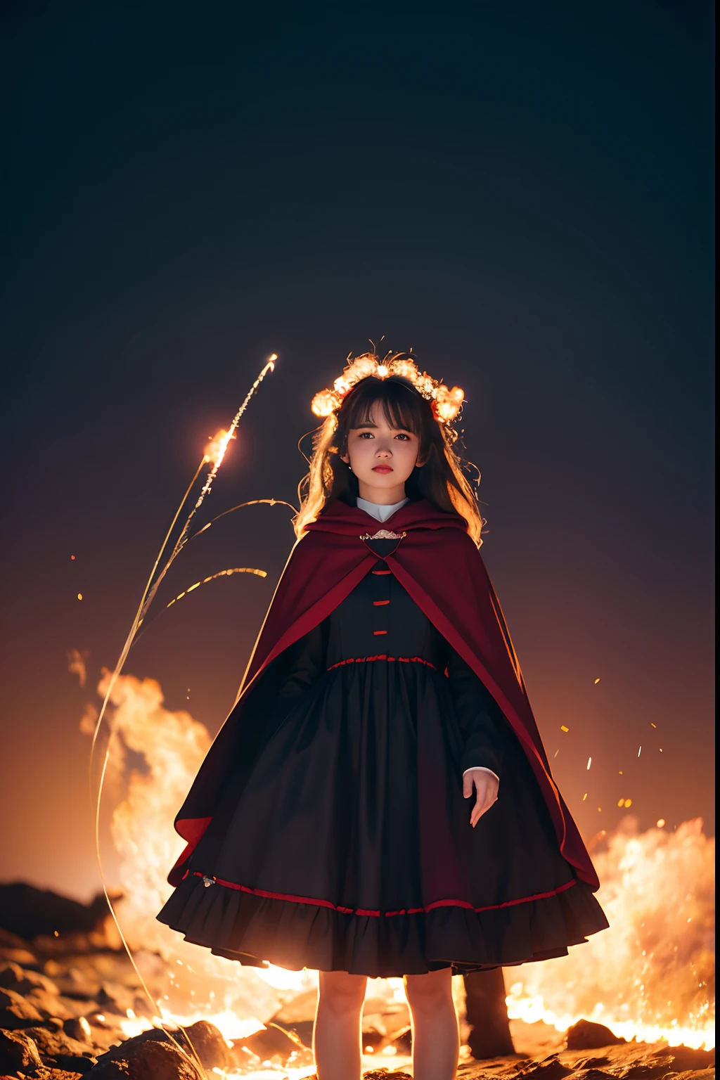 RAW photo, full sharp, (Full HD epic wallpaper) 8K  UHD, Digital SLR, Soft lighting, High quality, filmgrain, Fujifilm XT3, hiqcgbody, (1人, Kizi:1.2),the night，Focus above the thighs, Broken glass effect, Vivid yellow flame, Ethereal sparks, vulnerable, Red eyes, (Long gray hair),Wind，Fluttering head， buzz cut, Style - Gravity magic, Looking down, Solo, , Detailed background, Detailed face, Pale complexion,((Gorgeous Lolita costume)), Black cloak, Cape, Hood, malicious expression, The scarlet symbol rotates in the air,(Floating fire particles, particle fx), Skylight color scheme, ( Huge red explosion flames), the are In the background, Surrounded by a crimson mist, Sunset, symetrical composition, Epic atmosphere,(Smoky)，