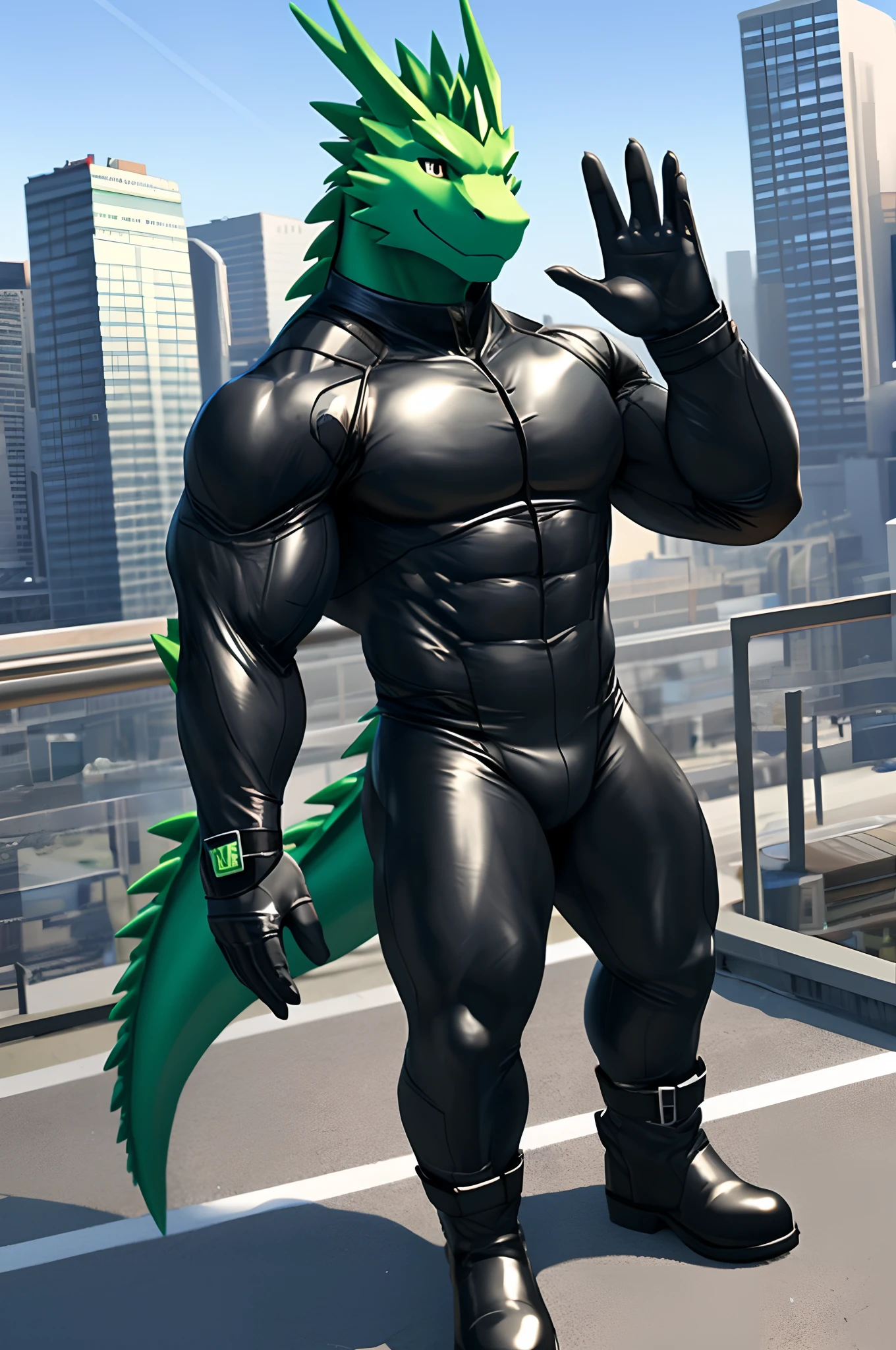 (photorealistic:1.6, photorealism),kemono,furry,adult male,solo, 1male, green dragon guy,  city background, bodysuit, black tights, short boots, muscular, tight-fitting clothing, smile, effeminate man, muscular body, waving, less skin exposure, pantyhose,