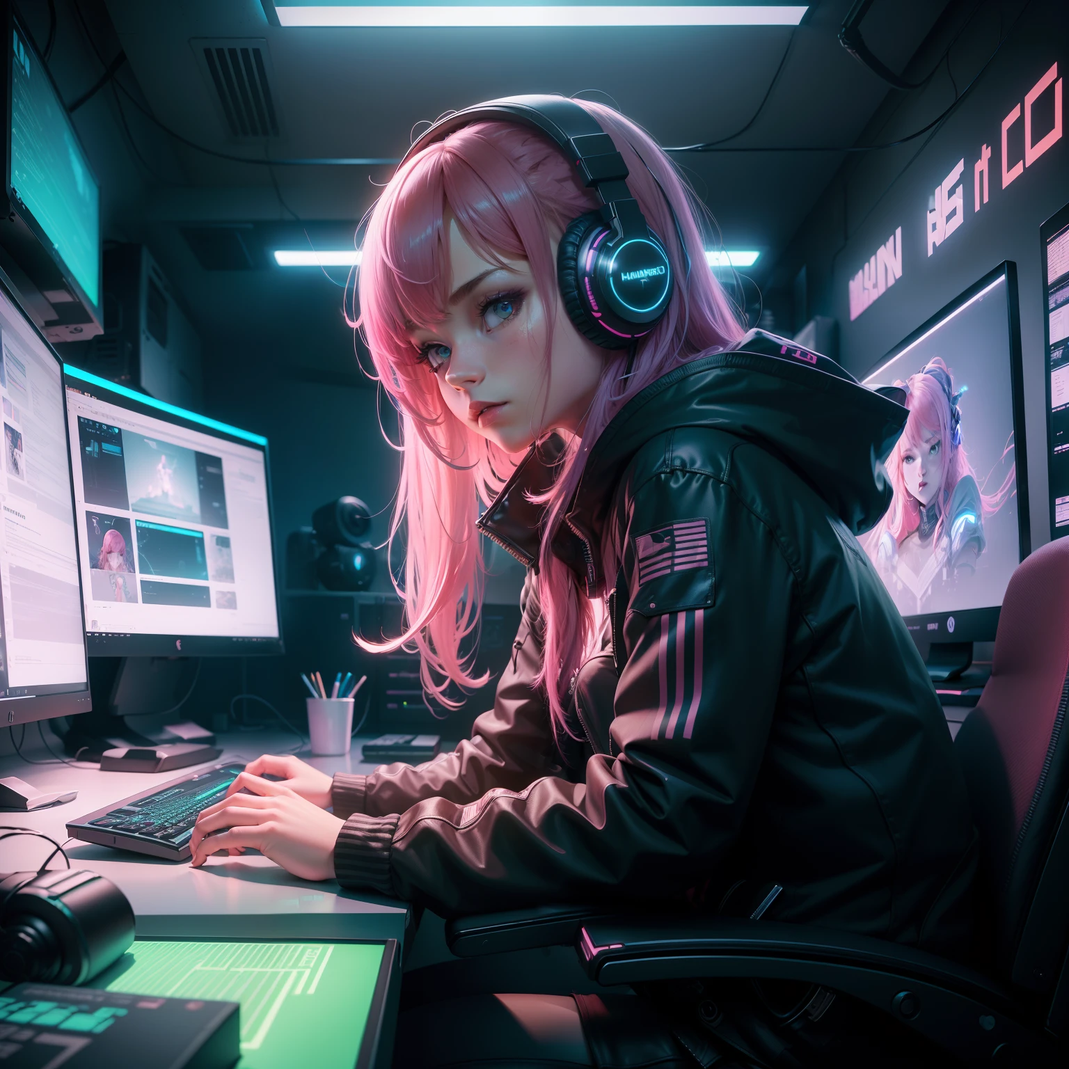 ((Masterpiece)), (((Best Quality)))), ((Illustration)), (Depth of Field: 1.2),Solo,Dynamic Angle,1 Girl,Hacker Beautiful 15 Years Old medium skin colored Girl, Indoors, Room, Dim Room, Sci-Fi, Neon, Neon Lights, Cyberpunk, Computer Room, Gaming Headphones, Computer Equipment, Ethical Hacker, Server Room Background, display lights, monitors, (LED monitors, surrounded by multiple display monitors: 1.5), gaming chair, bright pink hair highlights, long hair, light cyber clothes, energy drinks, cables, messy room, front, bottom, talking at camera, wearing cyber punk aviator googles, looking directly at the camera