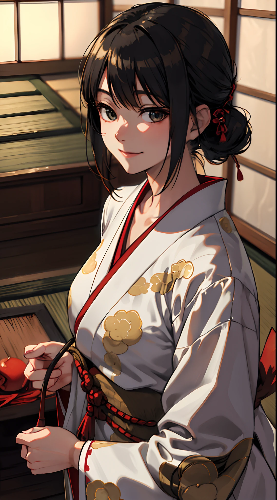 1 girl, upper body, single focus, enigmatic charm, nurarihyon-inspired attire, sly smile, (nurarihyon gourd: 1.4), (traditional Japanese home: 1.3), cunning demeanor, mysterious aura, [depth of field, ambient lighting, traditional tatami room foreground, traditional Japanese home background], traditional Japanese house, unsuspecting residents, warm hearth, (Japanese garden), (sliding door: 1.2), intricate details, enhanced lighting.