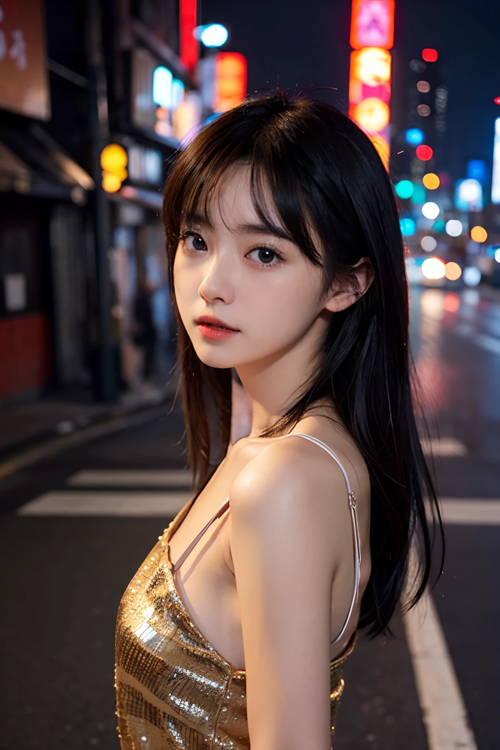 1girl、Streets of Tokyo、natta、A city scape、city light、The upper part of the body、a closeup、8k、RAW Photography、top-quality、​masterpiece、realisitic、Photorealsitic、Okinawa