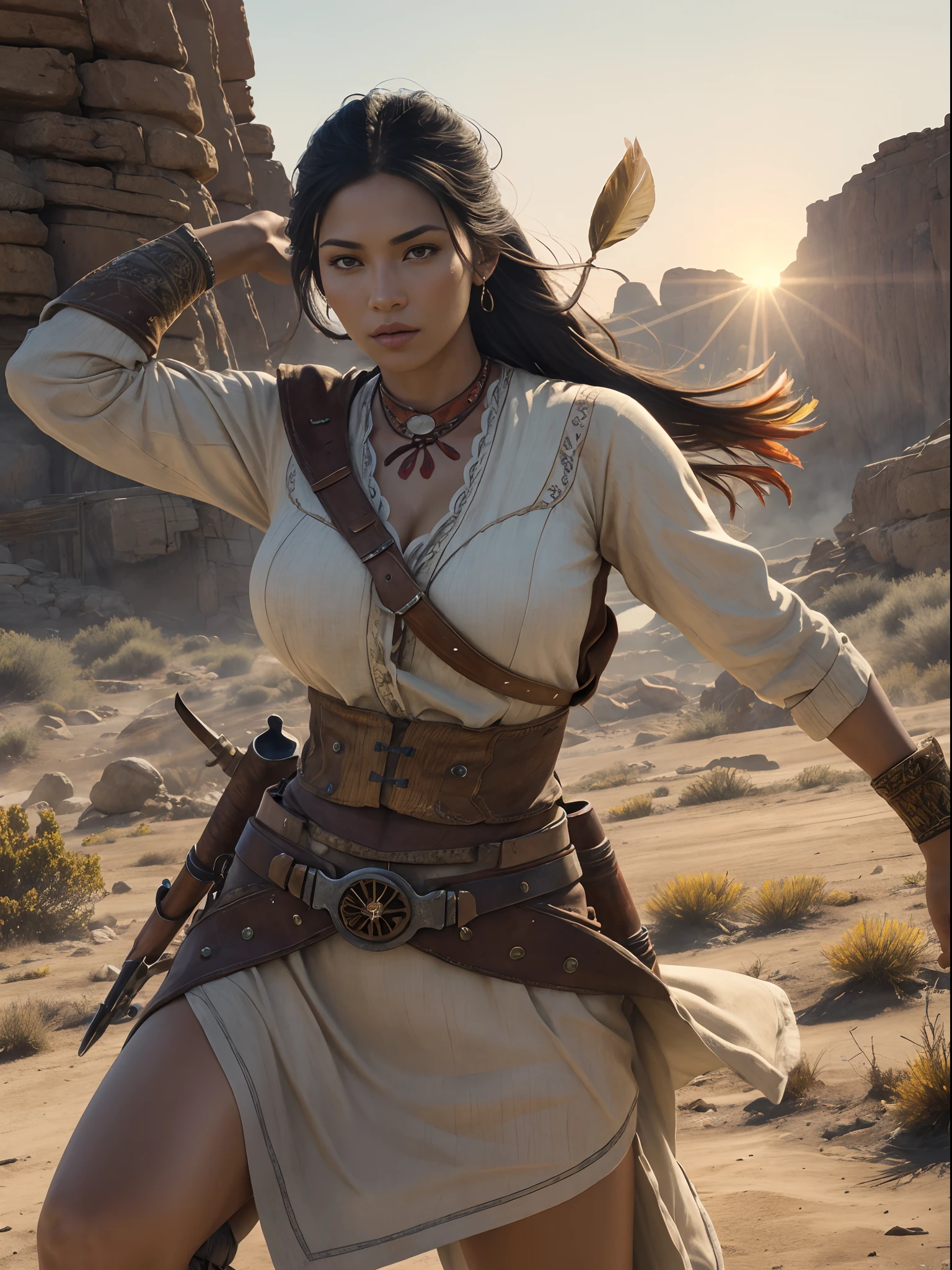 ((masutepiece)),  ((Best Quality)),  ((hight resolution)),  Extremely detailed)),  One girl as a costume for Pocahontas, Full body, infp young woman, Big Breast, (Super realistic), (matchless beauty), Detailed skin texture, Detailed Cloth Texture, beautifull detailed face, Intricate details, ultra-detailliert, Indigenous Feather Jewelry, Traditional handmade dresses, Armed Female Hunter Warrior, Dynamic Pose, ((Draw a bow)),  (((Wild west))) environment, Wasteland,  A hyper-realistic, Concept art, Elegant, ((Convoluted)), ((Highly detailed)), depth of fields, ((professionally color graded)), soft ambient lighting, Dusk, Best Quality, hight resolution, Photorealistic, primitive, 8K,masutepiece, Best Quality, Master Furnace 8K.nffsw. Hi-Lib:1.2, film grains, Blur blur:1.2, Lens Flare, (vivd colour:1.2), (Delicate),