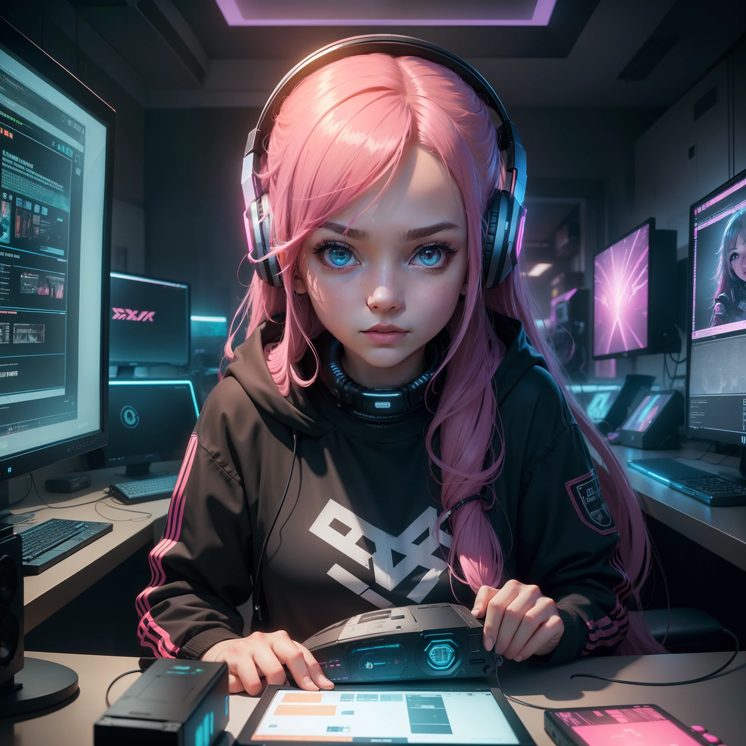 ((Masterpiece)), (((Best Quality)))), ((Illustration)), (Depth of Field: 1.2),Solo,Dynamic Angle,1 Girl,Hacker Beautiful medium skin colored Girl, Indoors, Room, Dim Room, Sci-Fi, Neon, Neon Lights, Cyberpunk, Computer Room, Gaming Headphones, Computer Equipment, Ethical Hacker, Server Room Background, display lights, monitors, (LED monitors, surrounded by multiple display monitors: 1.5), gaming chair, bright pink hair highlights, long hair, light cyber clothes, energy drinks, cables, messy room, front, bottom, talking at camera, wearing cyber punk googles