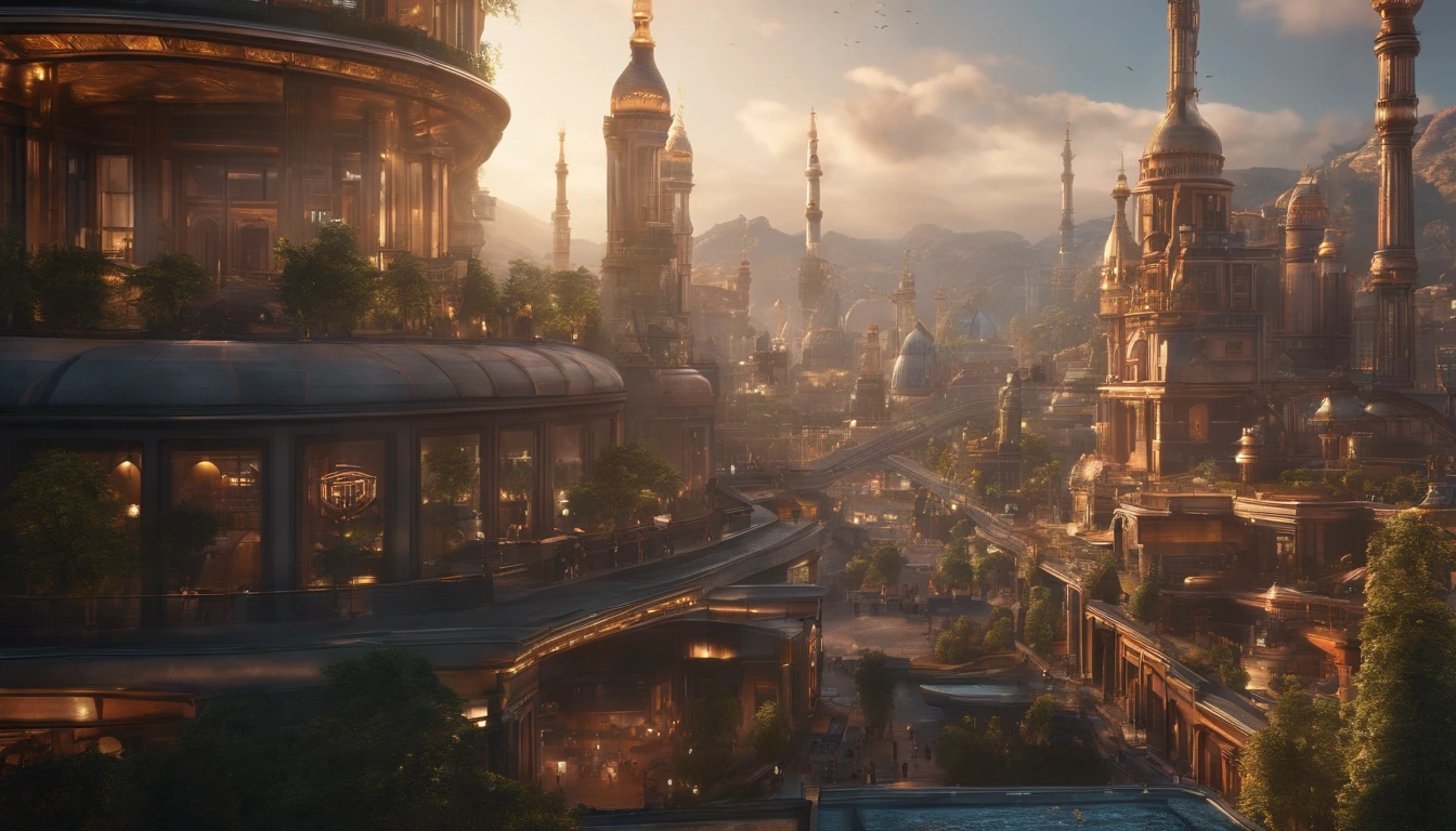hyper 4k resolution , hyper extremely detailed , atompunk, new city ,all city , people, A view from afar