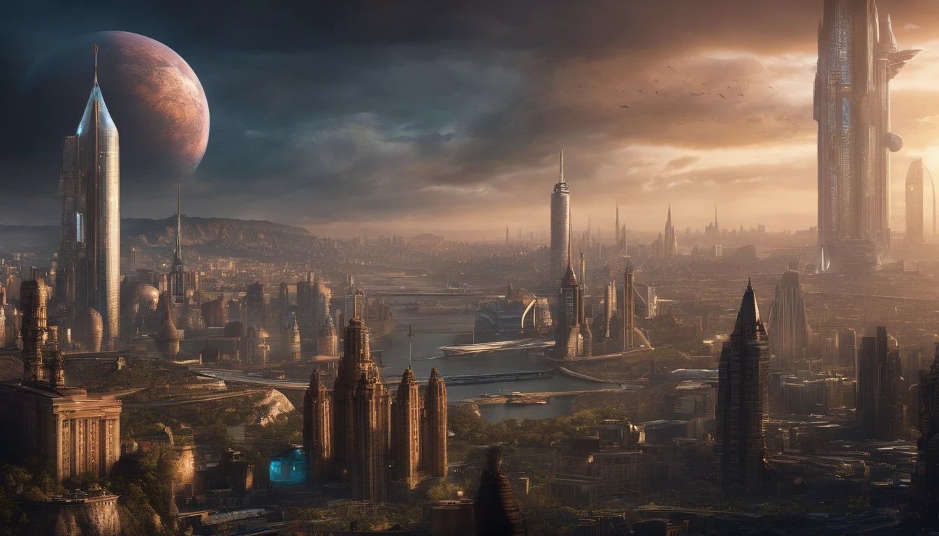 hyper 4k resolution , hyper extremely detailed , atompunk, new city ,all city , people, A view from afar