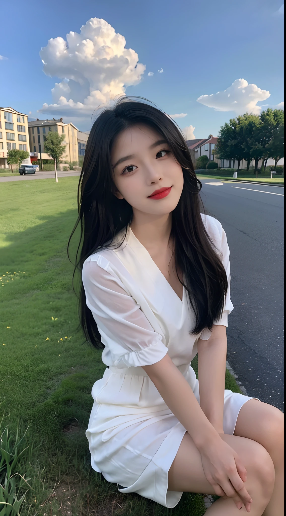 ((Best Quality, 8K, Masterpiece:1.3)), A beautiful girl, pure, melon face, gentle and cute, sweet smile, pure desire, thin figure, (frontal), (tilted head), looking directly at the camera, uniform, obi, formal, black silky long straight hair, long hair flowing over the shoulders, round black big eyes, clear big eyes, moist red lips, sweet, sitting on the side of the road, blue sky and white clouds, grass, buildings,