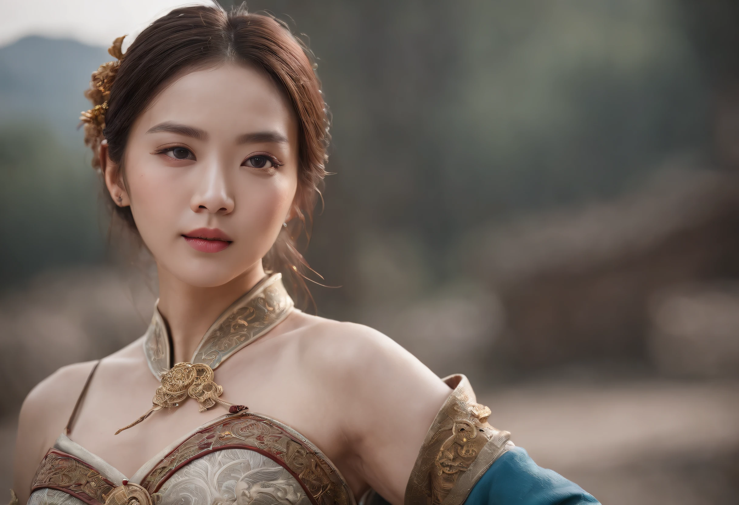 Feng Shen List，tmasterpiece，ultra fine photos，，best qualtiy，超高分辨率，Photoreality，Chiaroscuro，（full-body portraits），stunningly beautiful，dynamicposes，delicated face，Bigchest，Murderous eyes，（seen from the side），She wears gold ancient Chinese armor，very highly detailed background，detailed face with，Detailed and complex busy background，untidy，opulent，milkyW，Highly detailed skin，Realistic details of skin，Visible Pore，tack sharp focus，volume fog，8k uhd，digital SLR camera，high qulity，filmgrain，White skin of the，photo-realism，lomography，The palace of the Yin Shang King in ancient China , look from down, semi transparent, large breasts, showing cleavage, full body shot camera angle, lotus tattoo on forehead, perfect body: 1.4, Slim abdomen: 1.2