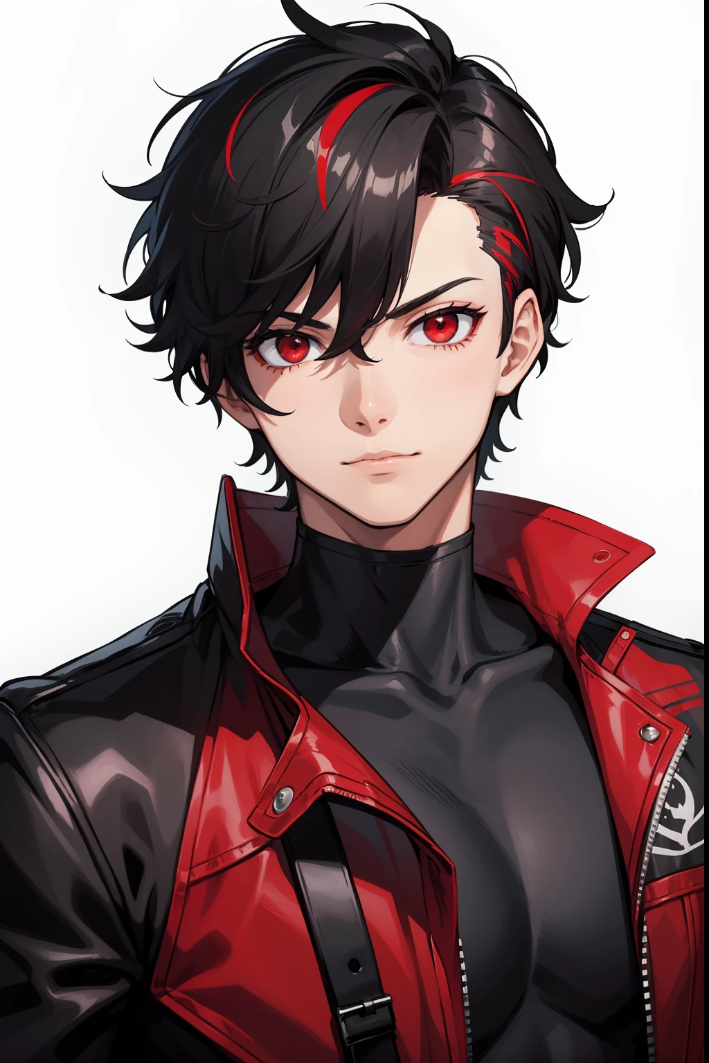 masterpiece, best quality, simple background, finely detailed, 1boy, black hair, red eyes, grey jacket, red t-shirt, portrait, Persona 5 Art Style, {red streaked hair, messy hair, zarya haircut}