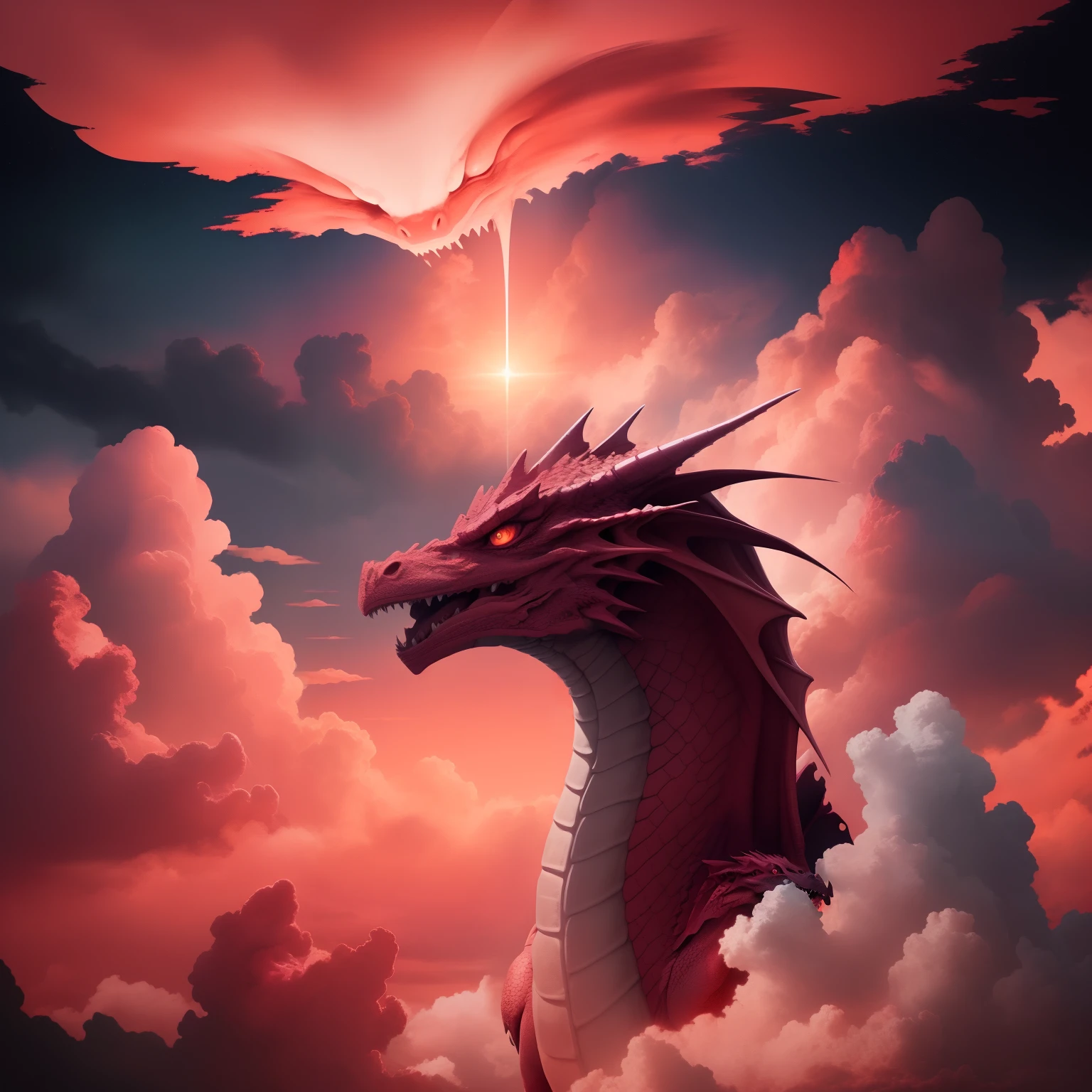 A furious dragon head in the sky ,open mouth, long neck, astatic scene, reddish pink color cloud