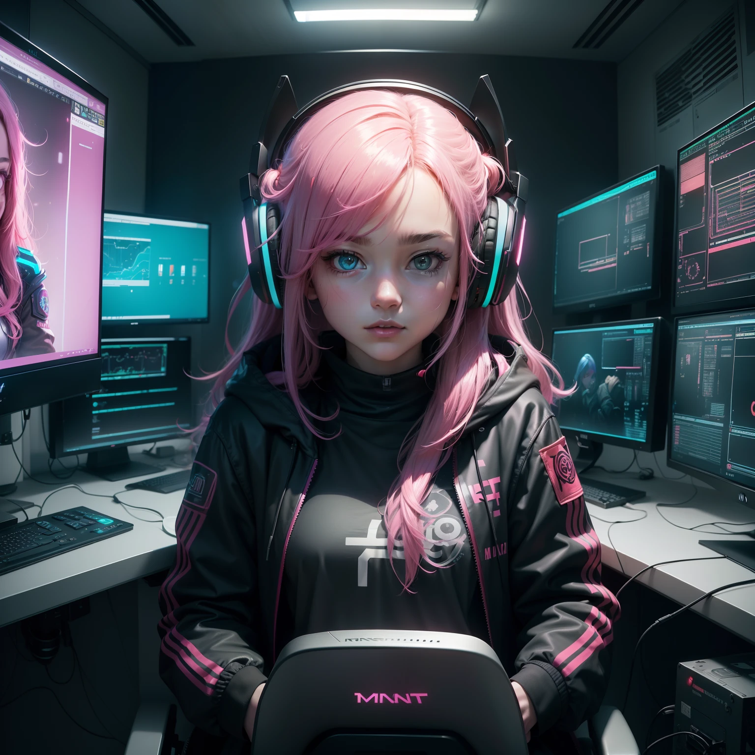((Masterpiece)), (((Best Quality)))), ((Illustration)), (Depth of Field: 1.2),Solo,Dynamic Angle,1 Girl,Hacker Beautiful 15 Years Old medium skin colored Girl, Indoors, Room, Dim Room, Sci-Fi, Neon, Neon Lights, Cyberpunk, Computer Room, Gaming Headphones, Computer Equipment, Ethical Hacker, Server Room Background, display lights, monitors, (LED monitors, surrounded by multiple display monitors: 1.5), gaming chair, bright pink hair highlights, long hair, light cyber clothes, energy drinks, cables, messy room, front, bottom, talking at camera, wearing cyber punk aviator googles