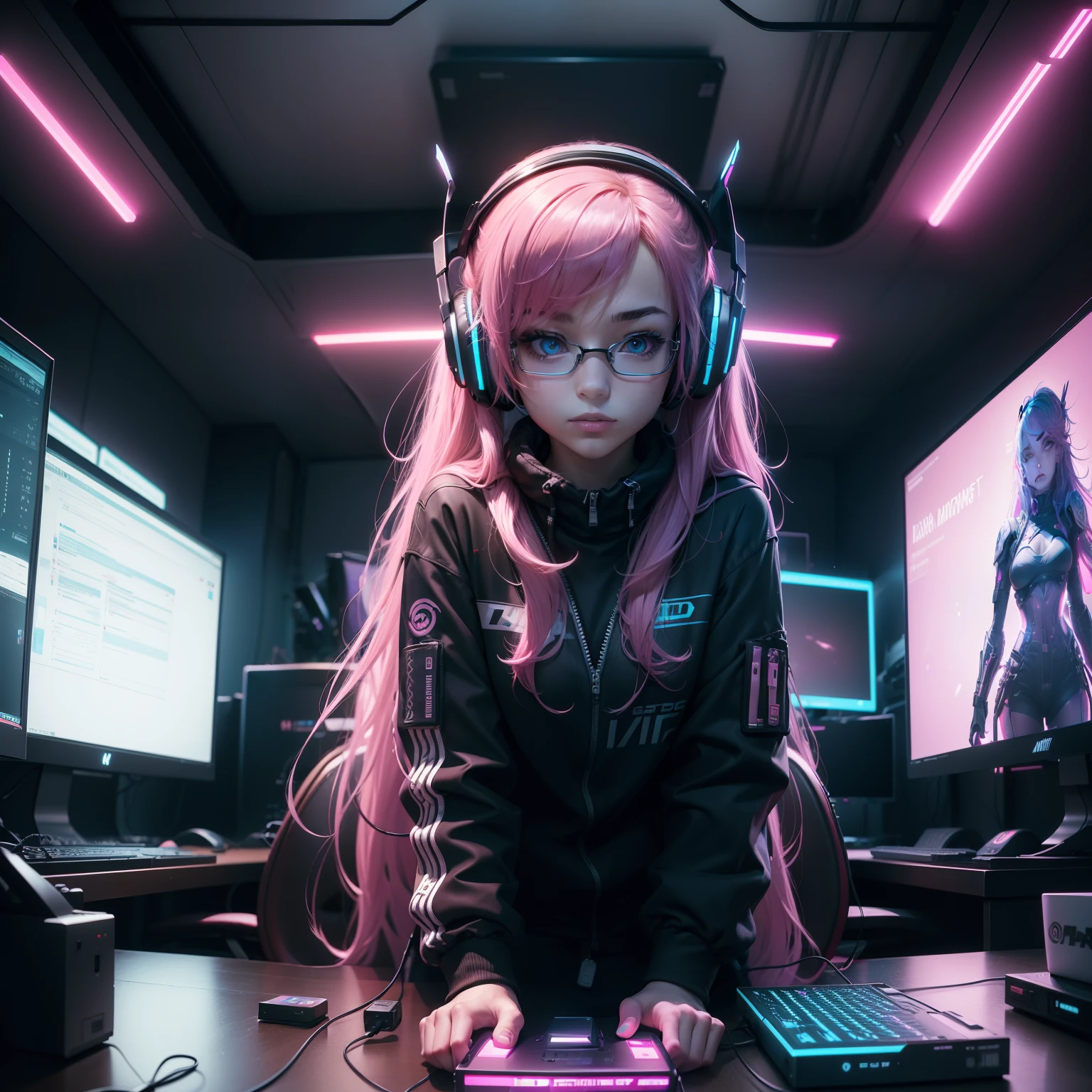 ((Masterpiece)), (((Best Quality)))), ((Illustration)), (Depth of Field: 1.2),Solo,Dynamic Angle,1 Girl,Hacker Beautiful medium skin colored Girl, Indoors, Room, Dim Room, Sci-Fi, Neon, Neon Lights, Cyberpunk, Computer Room, Gaming Headphones, Computer Equipment, Ethical Hacker, Server Room Background, display lights, monitors, (LED monitors, surrounded by multiple display monitors: 1.5), gaming chair, bright pink hair highlights, long hair, light cyber clothes, energy drinks, cables, messy room, front, bottom, talking at camera, wearing cyber punk aviator googles