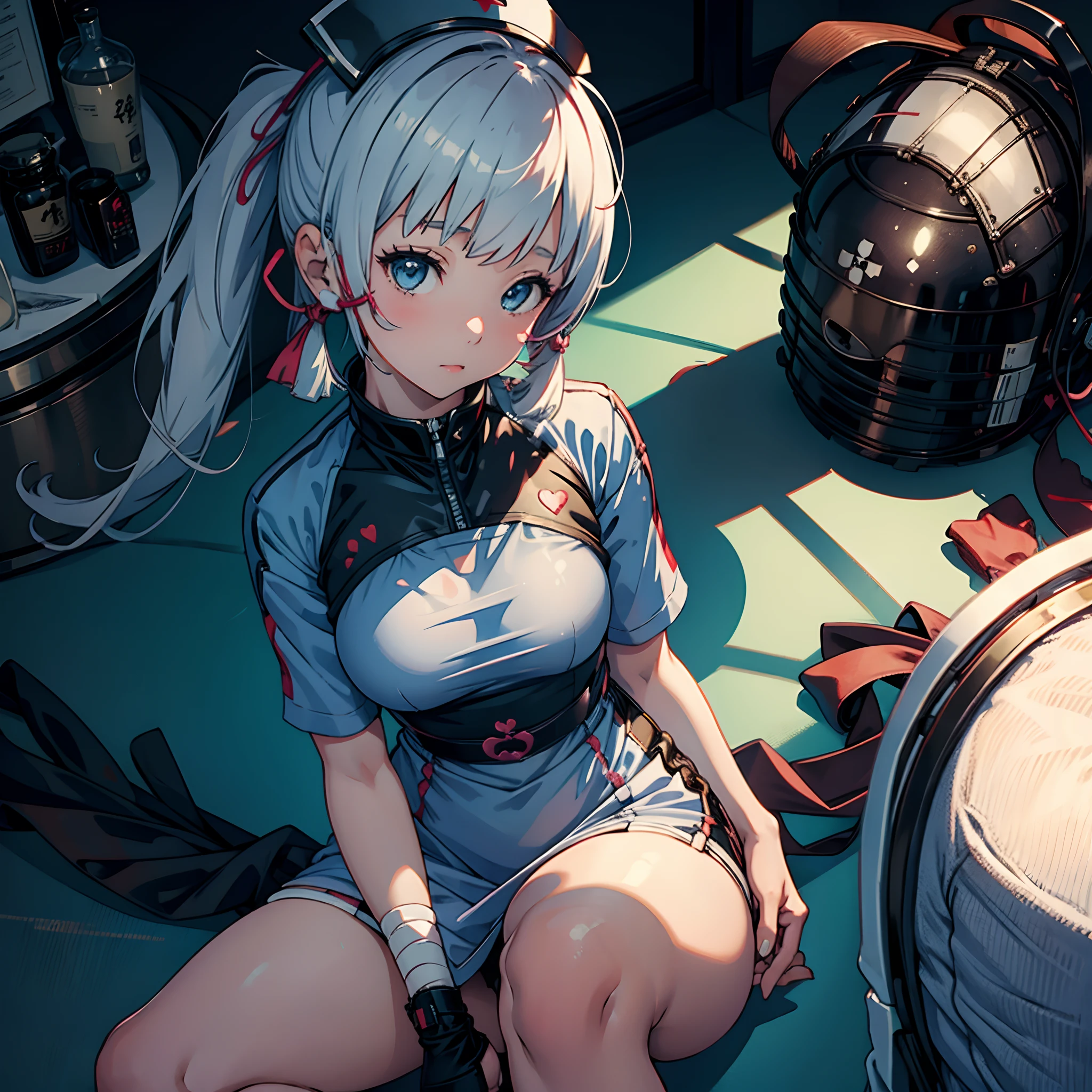 1 girl, solo, Kamisato Ayaka, nurse_dress, large breasts, bandages, sitting on a chair, heart-shaped tail