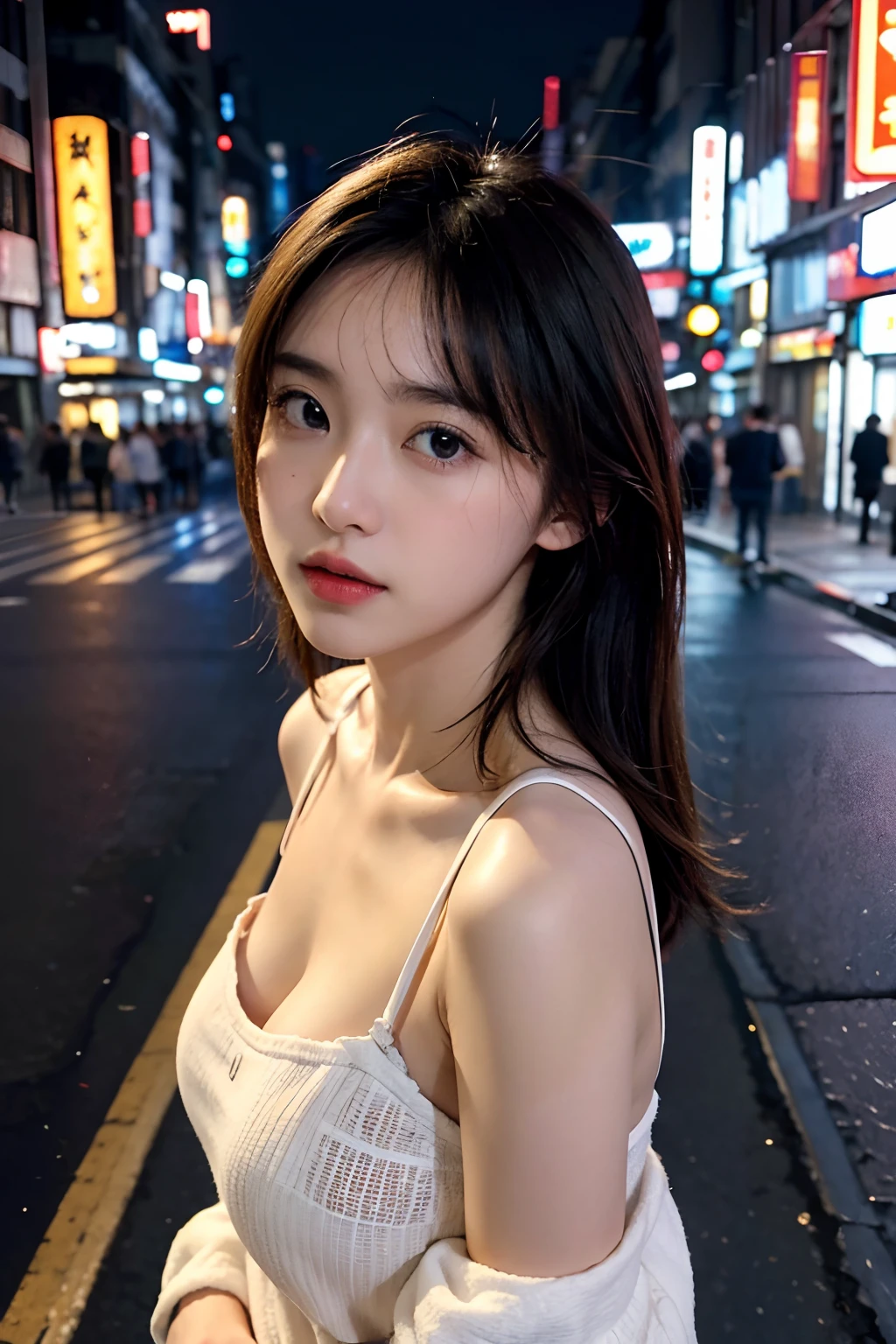 Best quality, masterpiece,..night,.city,..1girl,.(Authentic skin texture:1.3),.close-up,.face focus,.upper body,.selfie,..
