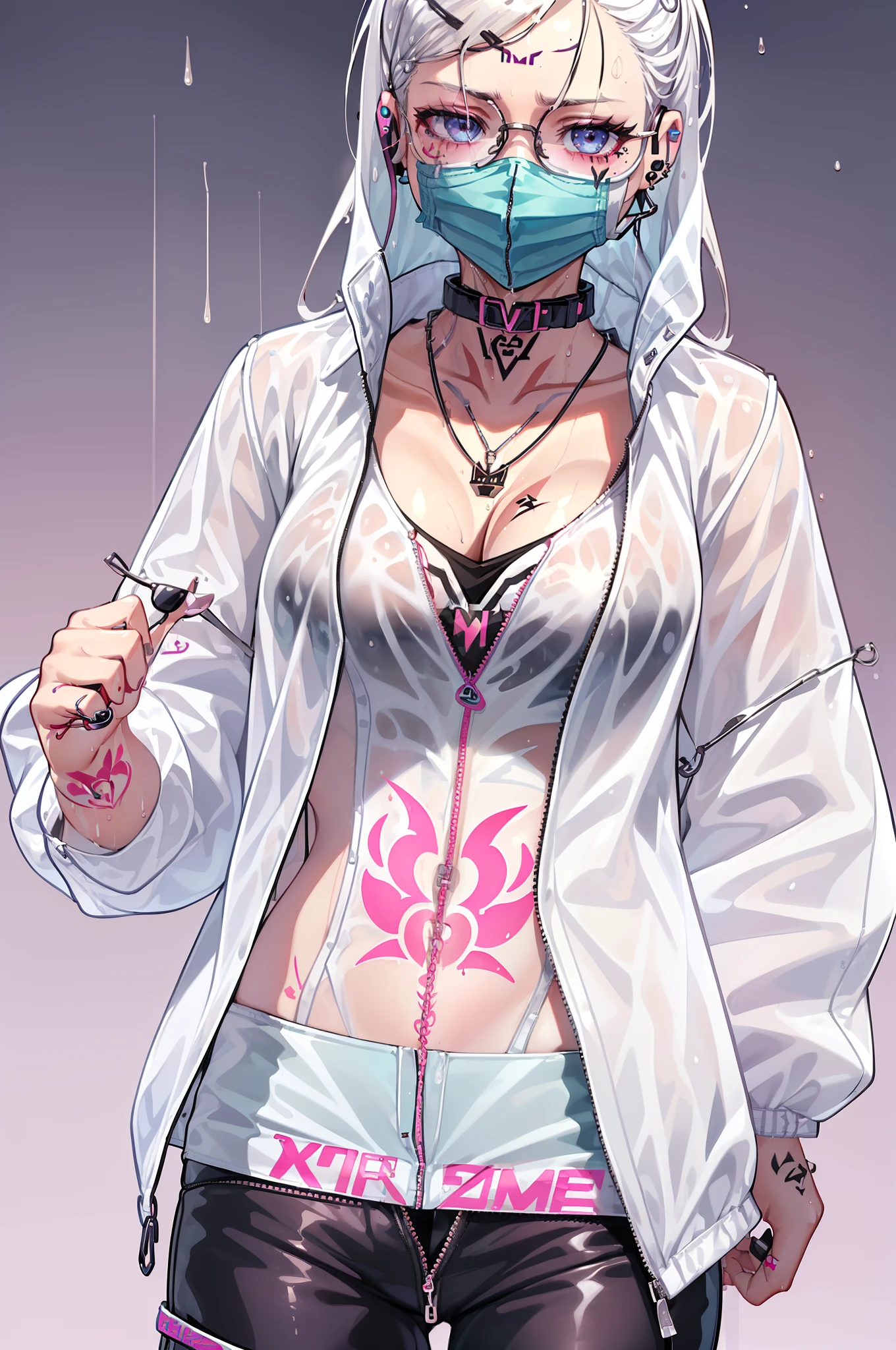 female gamer, ((wet thin white shirt, opened zip fashion wind breaker, hot pants, glasses, earring, necklace, blet, face mask, earphone, cute collar, bitch tattoo on body 1:3)), (idol charming aura, blur effect, bubble effect, black glowing pupil, arcade style make up, petite, blushing face, angry face, blonde color hair), (masterpieces, extreme body detail, high resolution, original character, best anime 16k wallpaper quality), club bar background, no underwear