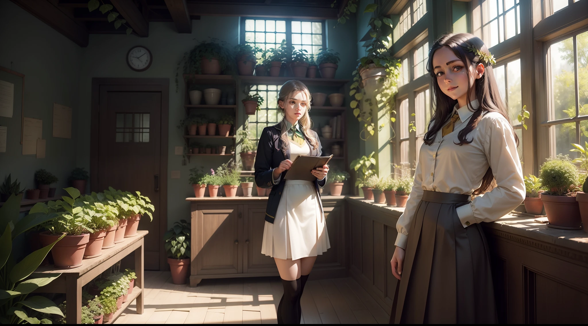 (high resolucion, photoreallistic) at the back of the room A botany teacher at Hogwarts School of Witchcraft and Wizardry in a greenhouse filled with plants, (Best quality). Each student, in the uniform of Hogwarts Hufflepuff listen carefully. The teacher (Extremely detailed, mise au point nette) Des yeux expressifs et un sourire chaleureux. In The Well-Lit Greenhouse Every Student, in the uniform of Hogwarts Hufflepuff listen carefully. Soft and natural light, Create a comfortable learning environment. The walls are adorned with climbing plants.