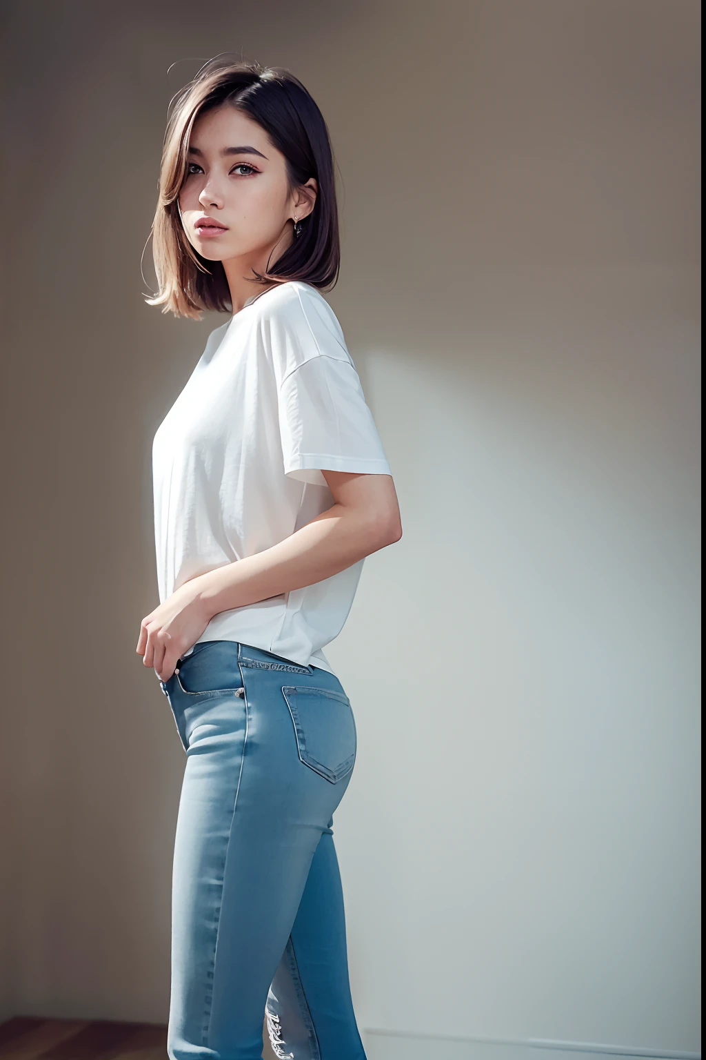 1 girl, Beautiful vintage color, watching viewer (swollen eyes)), instagram (Photorealistic, High Resolution: 1.4), Conspicuous (Plain yellow t-shirt), full - body (8K, RAW photo, Best Quality, Masterpiece: 1.2), (Realistic, Photorealistic): 1.37), Professional lighting, Photon mapping, radiosity, physically based rendering, (White Skin Skin: 1.2), (Small: 1.2), viewer's gaze, (Medium Hair: 1.5), Portrait, violet eyes, (Silver hair: 1.1), Bangs, (Simple background: 1.4), 独奏, upper-body, Realistic, (Masterpiece: 1.4), (Best Quality: 1.4), (glossy skin), fashionable woman, makeup, Smile (Skinny, mouth closed, Shy: 1.3), (Standing, plain white oversized t-shirt and jeans, A Necromancer: 1.1), Medium bust, Front pillar, Hands folded behind his back, White wall background,
