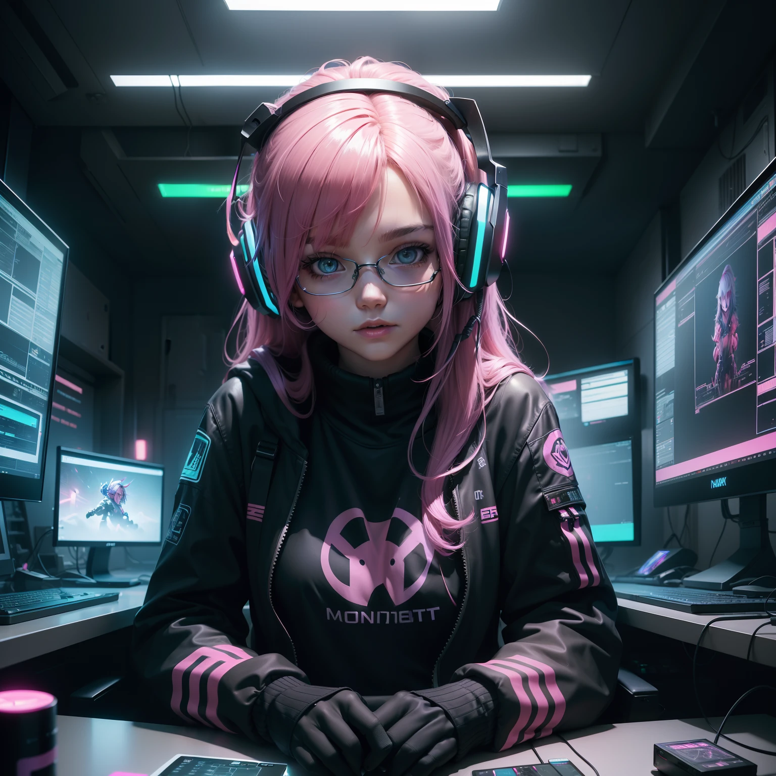 ((Masterpiece)), (((Best Quality)))), ((Illustration)), (Depth of Field: 1.2),Solo,Dynamic Angle,1 Girl,Hacker Beautiful 15 Years Old medium skin colored Girl, Indoors, Room, Dim Room, Sci-Fi, Neon, Neon Lights, Cyberpunk, Computer Room, Gaming Headphones, Computer Equipment, Ethical Hacker, Server Room Background, display lights, monitors, (LED monitors, surrounded by multiple display monitors: 1.5), gaming chair,  bright pink hair highlights, long hair, light cyber clothes, energy drinks, cables, messy room, front, bottom, talking at camera, wearing cyber punk aviator googles