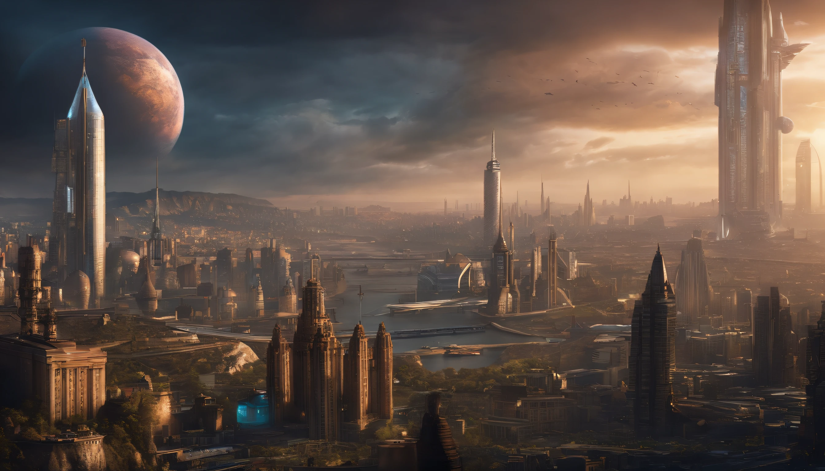 hyper 4k resolution , hyper extremely detailed , atompunk, new city ,all city , people, A view from afar
