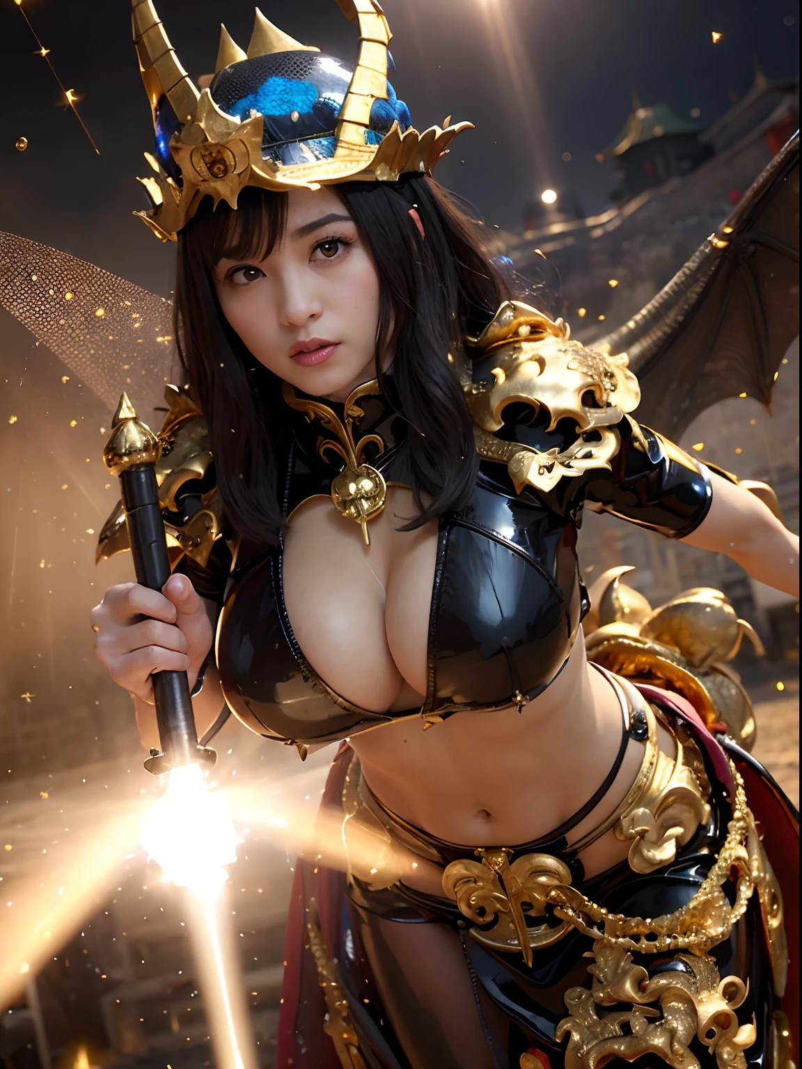 ((World of Darkness)),Professional , masterpiece、top-quality、photos realistic , depth of fields 、(((With a magic wand of gems))),(Dragon Black Metal Body:1.9),(latex black-blue、(cleavage of the breast)、Dragon Gold Weapon、(((Particles of light))),(Micro Bikini Armor:1.7),Gorgeous gold weapons ,(Fight dragons)、Seductive look、,Blood on the face,Blood Rain,Blood fog、(blood splattere、((((With a shining magic wand))), ) , (((Wearing a black latex wizard hat))),(demonic wings) ,((a blond))、(Castle background)、((Gangle's forest background))、Beautiful Caucasian beauty、1a person、dynamic ungle,(((Detailed and ornate dragon wizard hat)))、Smaller head、A smile、Castle background、Thin and beautiful female hands、cleavage of the breast、Soldier in iron armor on background、Mystical expression、Light Effects、intense fighting、Wind-effect、magic circles、With the legendary magic wand、Dragon's tail、explosions、Toostock、Toostock、