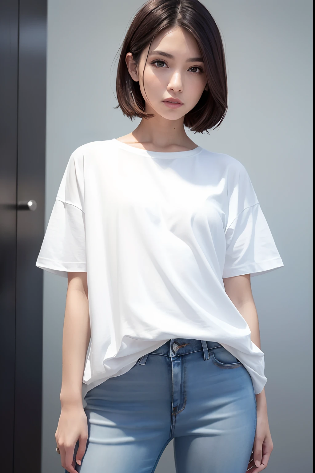 1 girl, Beautiful vintage color, watching viewer (Bright flashy white oversized t-shirt (plain color), instagram (Photorealistic, High Resolution: 1.4), ((swollen eyes)), full - body (8K, RAW photo, Best Quality, Masterpiece: 1.2), (Realistic, Photorealistic): 1.37), (soft focus: 1.2), Professional lighting, Photon mapping, radiosity, physically based rendering, (White Skin Skin: 1.2), (Small: 1.2), viewer's gaze, (Medium Hair: 1.5), Portrait, Purple eye, (Silver hair: 1.1), Bangs, (Simple background: 1.4), 独奏, upper-body, Realistic, (Masterpiece: 1.4), (Best Quality: 1.4), (glossy skin), fashionable woman, makeup, Smile (Skinny, mouth closed, Shy: 1.3), (Standing, Plain flashy white oversized t-shirt and jeans, A Necromancer: 1.1), Medium bust, Front pillar, Hands folded behind his back, White wall background, No need for a picture on a t-shirt,