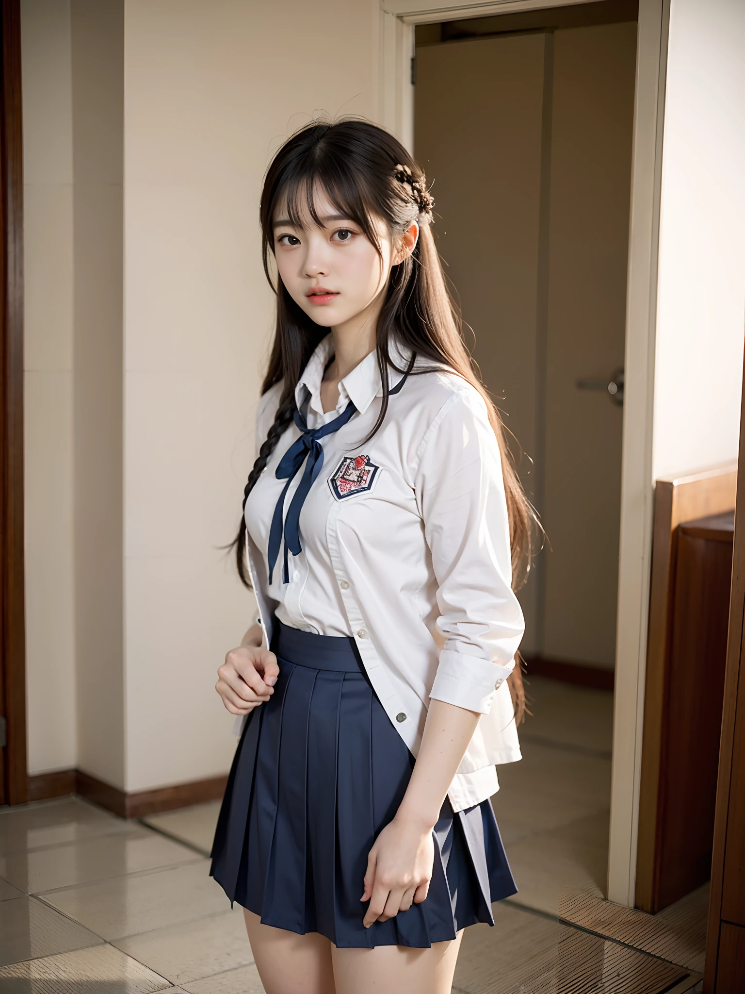 pedestrian walkway,RAW photos,8K,HighestQuali, 超高分辨率,Beautiful face details,Real human skin,Blushing and shy expressions,up front view,From the angle below,Braided shawl,realisticlying,realisticlying,adolable,short skirt,Stand deep in the city,cute female student,Japanese schoolgirl uniform,Wearing a Japanese school uniform,校服,Surreal high school girl,full bodyesbian,