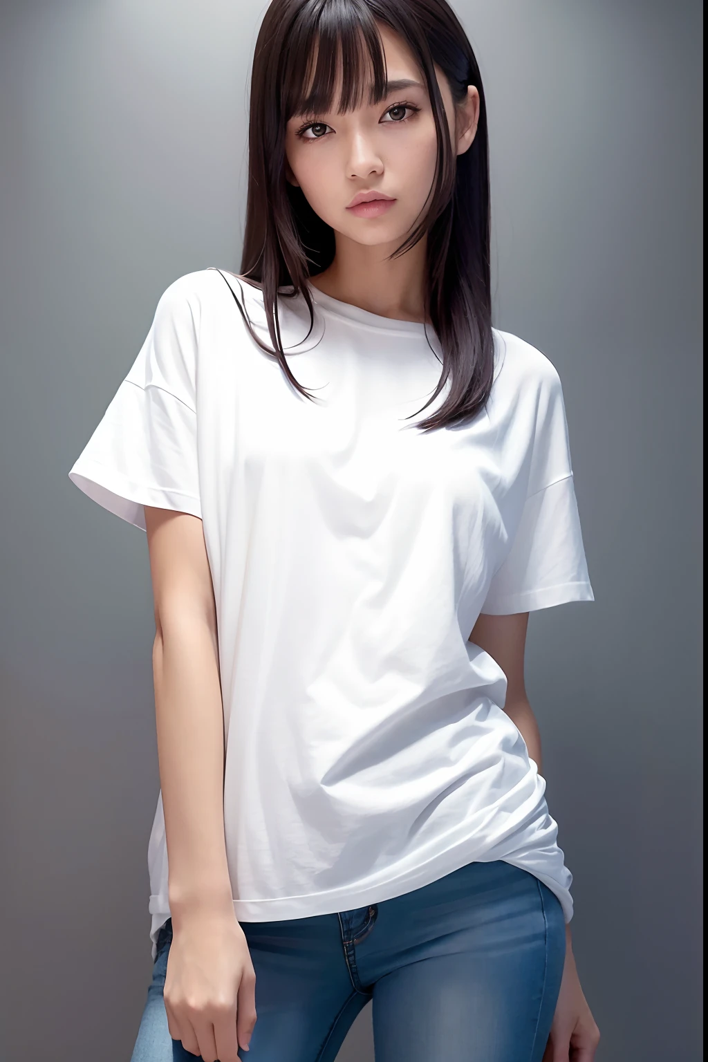 1 girl, Beautiful vintage color, watching viewer (Bright flashy white oversized t-shirt (plain color), instagram (Photorealistic, High Resolution: 1.4), ((expressive eyes)), full - body (8K, RAW photo, Best Quality, Masterpiece: 1.2), (Realistic, Photorealistic): 1.37), (soft focus: 1.2), Professional lighting, Photon mapping, radiosity, physically based rendering, (White Skin Skin: 1.2), (Small: 1.2), viewer's gaze, (Medium Hair: 1.5), Portrait, Purple eye, (Silver hair: 1.1), Bangs, (Simple background: 1.4), 独奏, upper-body, Realistic, (Masterpiece: 1.4), (Best Quality: 1.4), (glossy skin), fashionable woman, makeup, Smile (Skinny, mouth closed, Shy: 1.3), (Standing, Plain flashy white oversized t-shirt and jeans, A Necromancer: 1.1), Medium bust, Front pillar, Hands folded behind his back, White wall background, No need for a picture on a t-shirt,