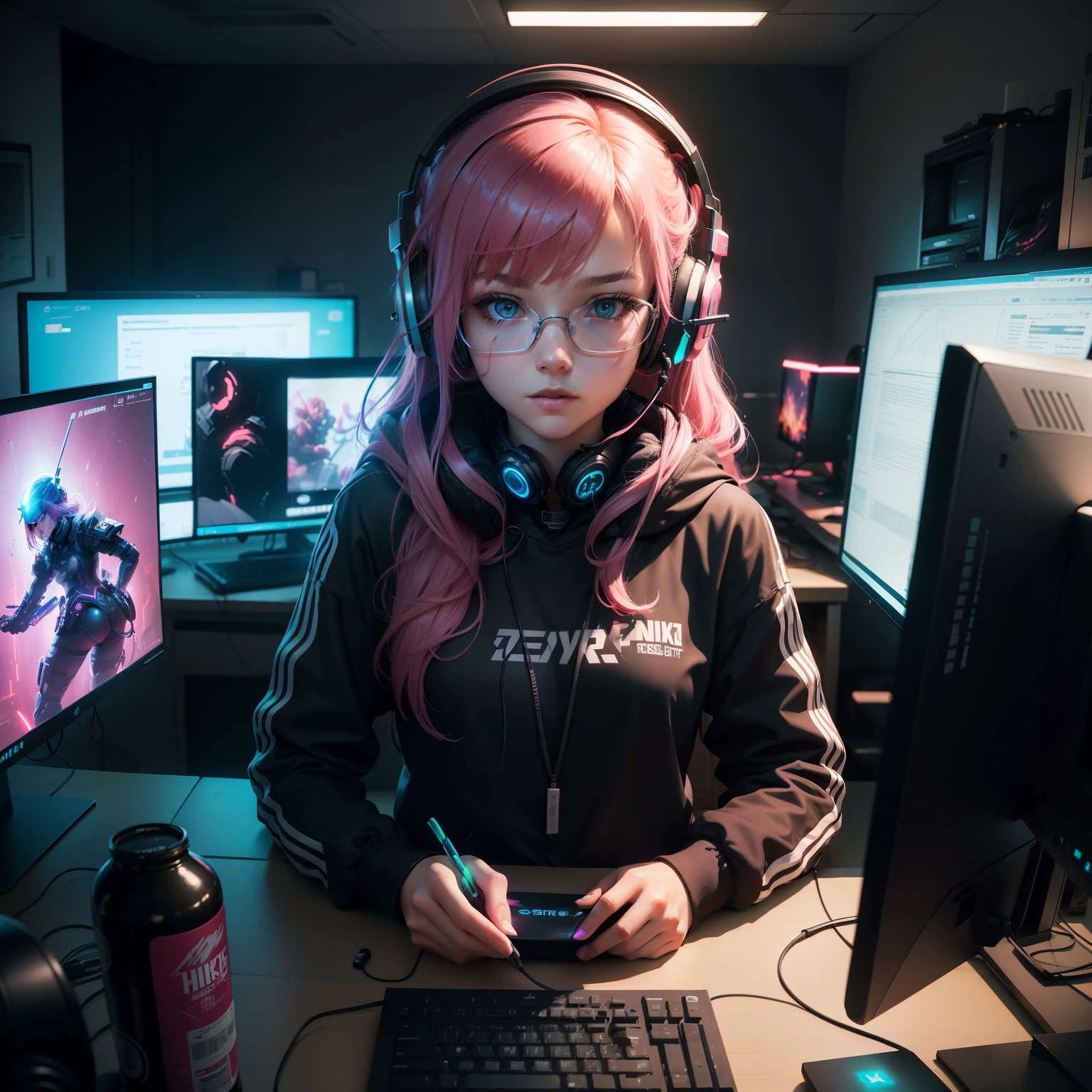 ((Masterpiece)), (((Best Quality)))), ((Illustration)), (Depth of Field: 1.2),Solo,Dynamic Angle,1 Girl,Hacker Beautiful 15 Years Old medium skin colored Girl, Indoors, Room, Dim Room, Sci-Fi, Neon, Neon Lights, Cyberpunk, Computer Room, Gaming Headphones, Computer Equipment, Ethical Hacker, Server Room Background, display lights, monitors, (LED monitors, surrounded by multiple display monitors: 1.5), gaming chair, bright pink hair highlights, long hair, light cyber clothes, energy drinks, cables, messy room, front, bottom, talking at camera, wearing cyber punk aviator googles